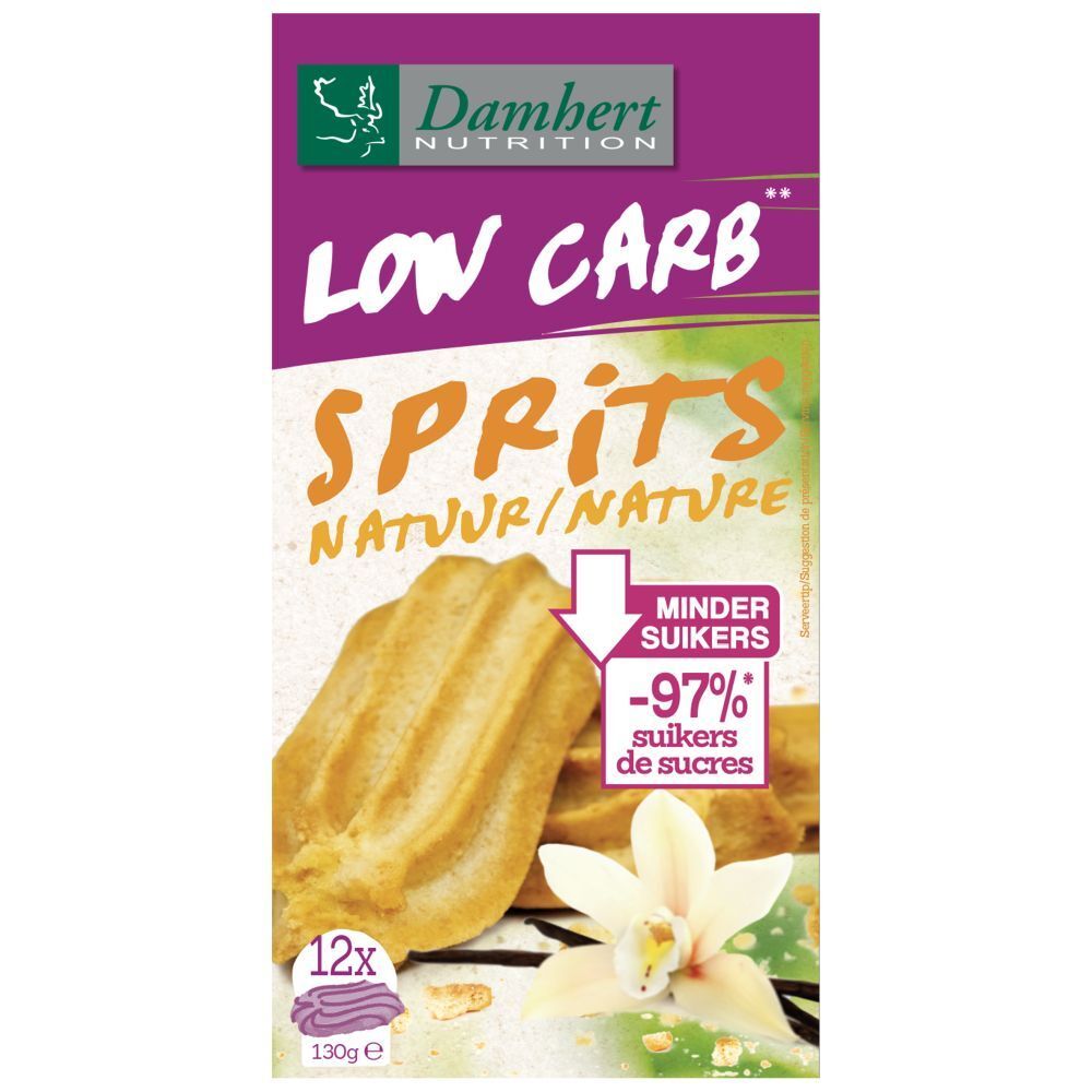 Boîte de Dambert Tagatesse® Sprits Natur. Inscription : Low Carb, Sprits Natur/Nature. 12 pièces, 130g.