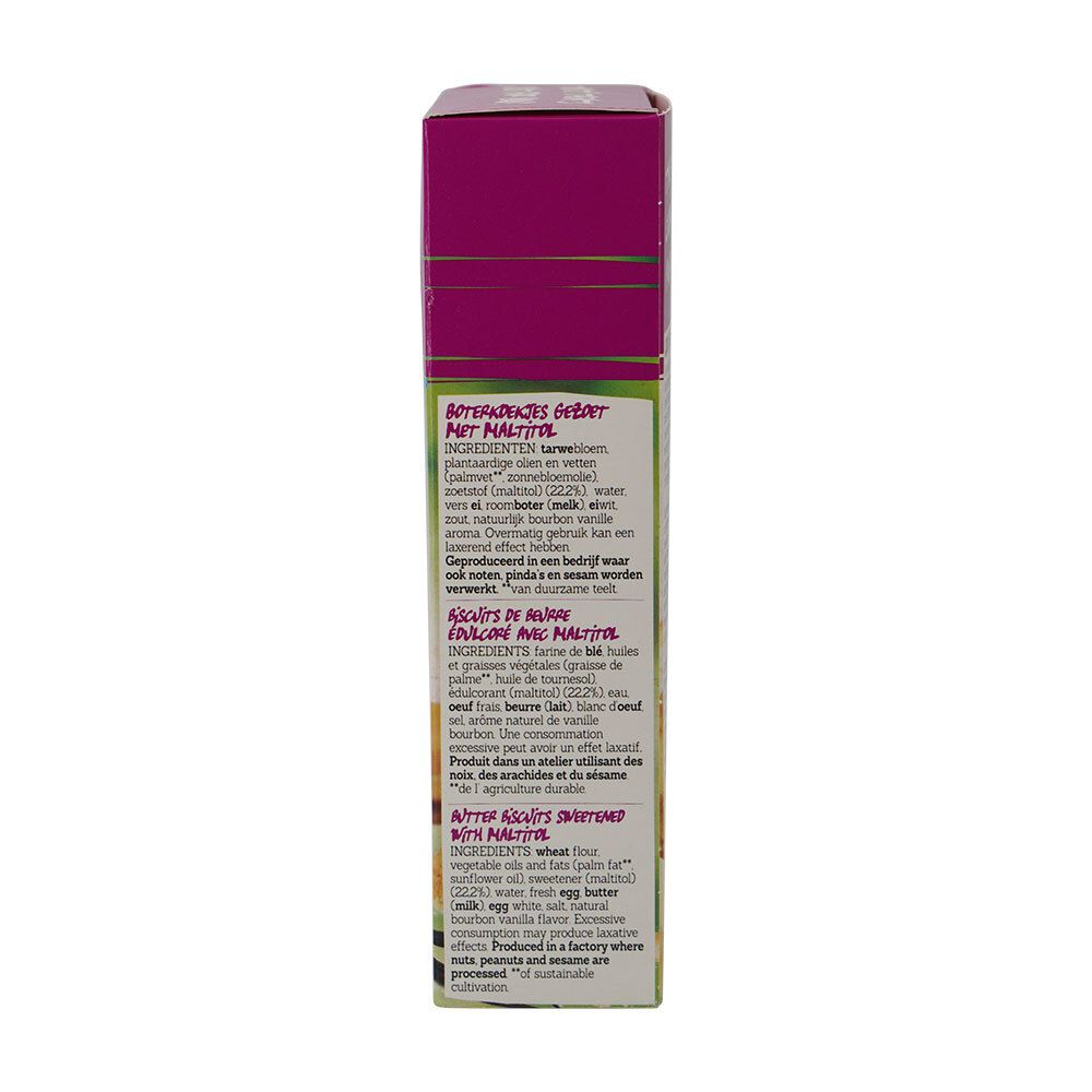 Dos de la boîte Dambert Tagatesse® Sprits Natur. Liste des ingrédients en plusieurs langues.