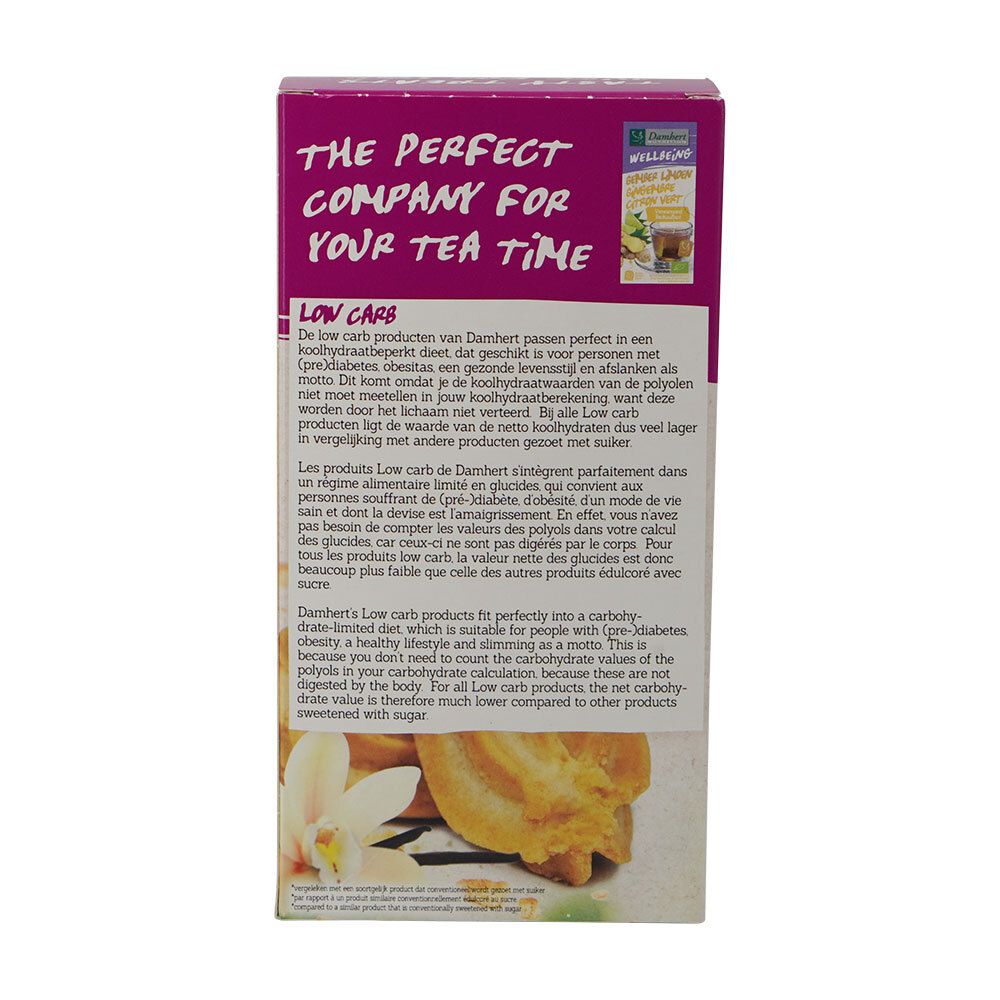 Côté de la boîte Dambert Tagatesse® Sprits Natur avec texte. Inscription : Low Carb, pour l'heure du thé.