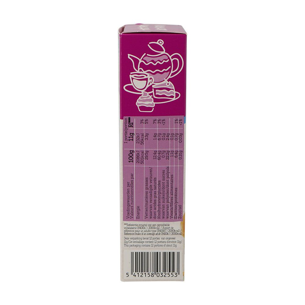 Côté de la boîte Dambert Tagatesse® Sprits Natur avec informations nutritionnelles. 100g, 11g R.