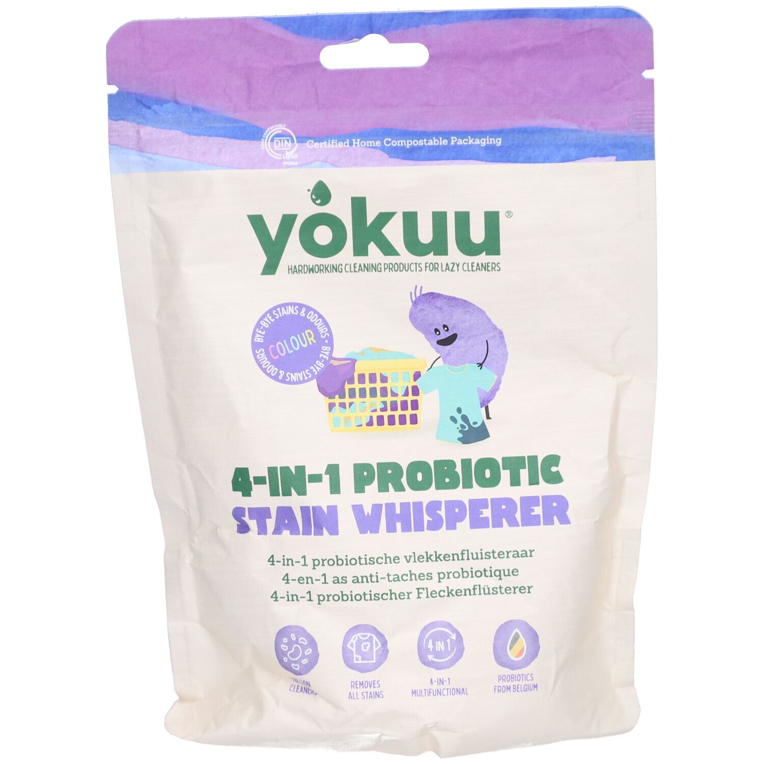 Beutel Yokuu Détachant Probiotique 4-en-1 Couleurs. Weißer Beutel mit lila Akzenten. Produktname und Illustrationen. Zertifizierte kompostierbare Verpackung.