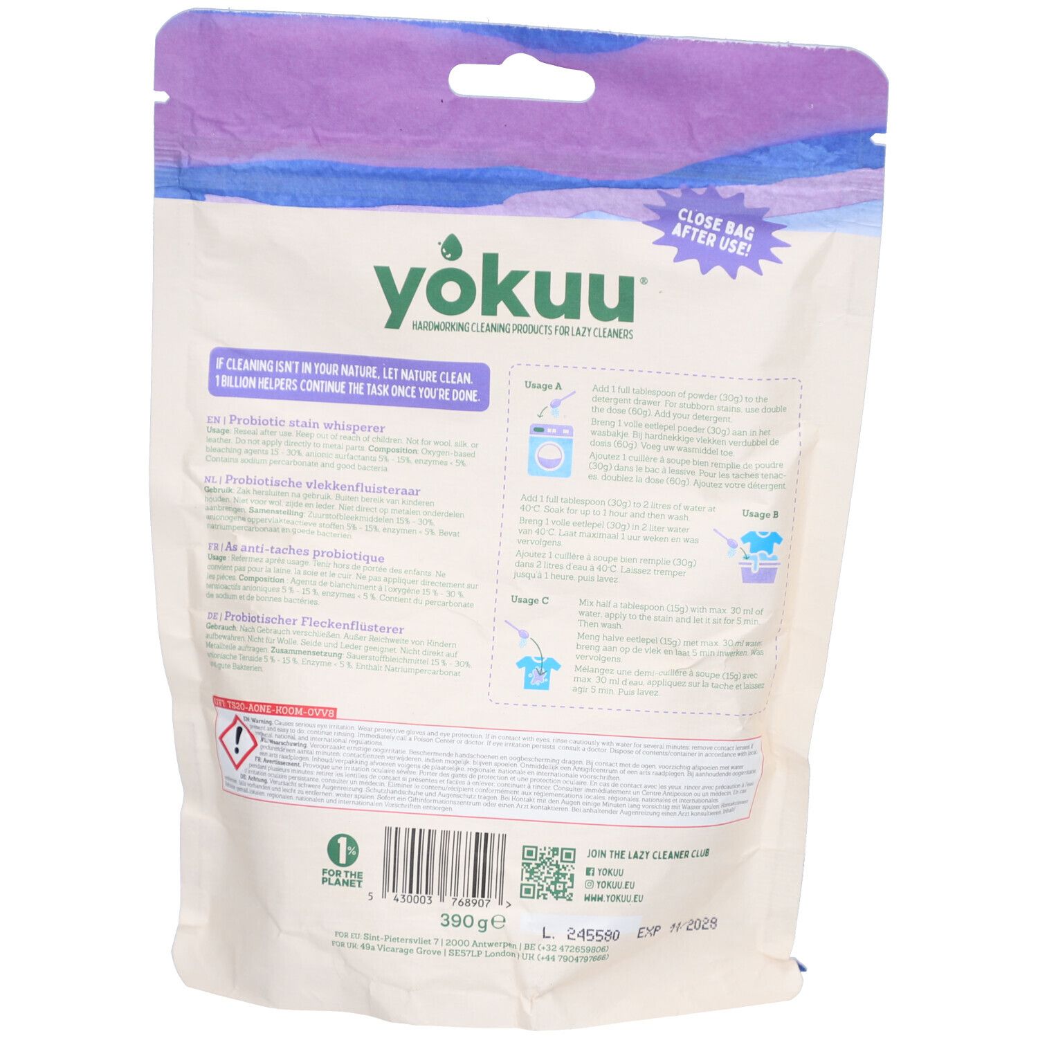 Rückseite des Yokuu Détachant Probiotique 4-en-1 Couleurs Beutels. Text und Illustrationen. Anweisungen zur Verwendung. Gewicht: 390g. QR-Code und Haltbarkeitsdatum.