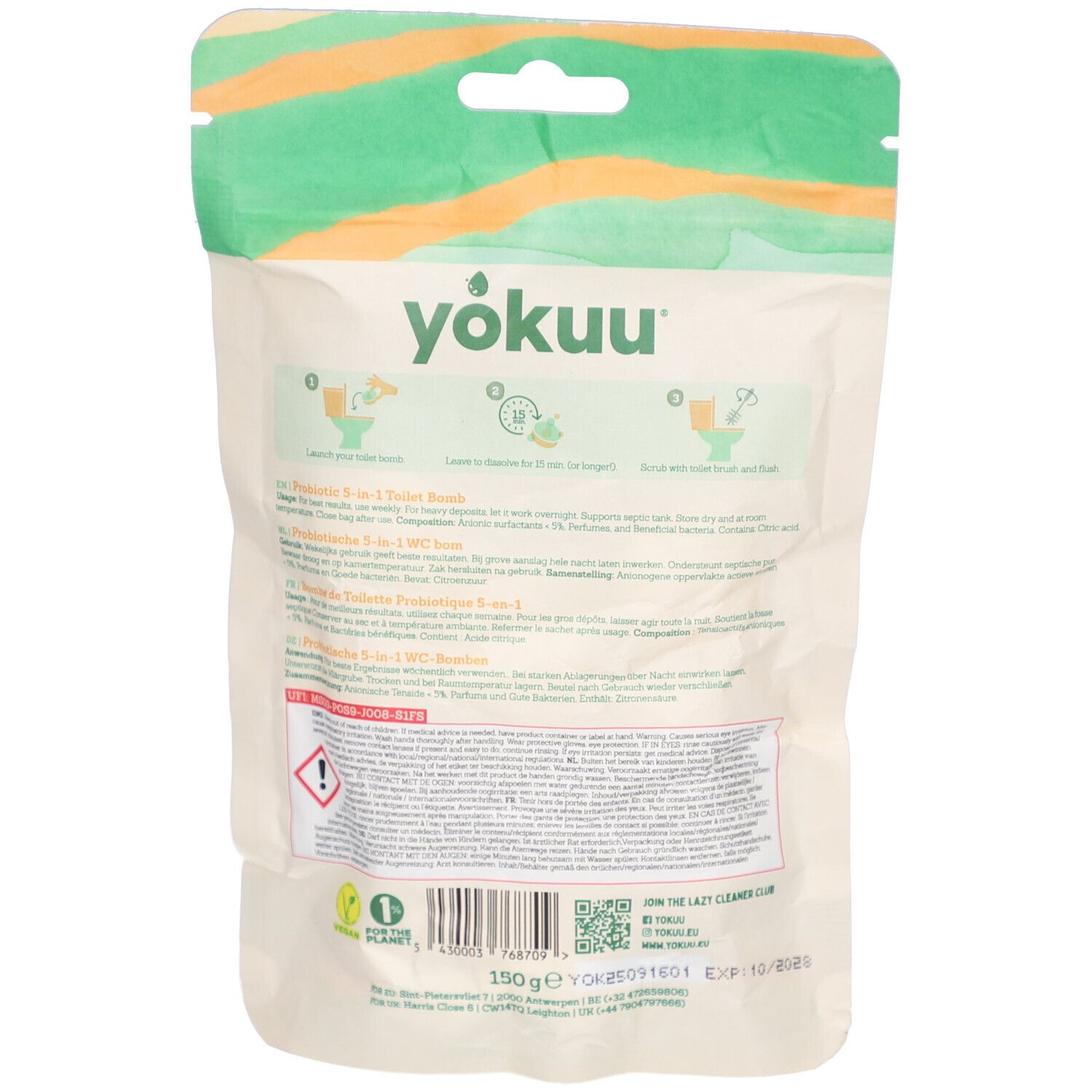 Rückseite der Verpackung mit Produktinformationen und Anweisungen. Enthält Text in mehreren Sprachen.