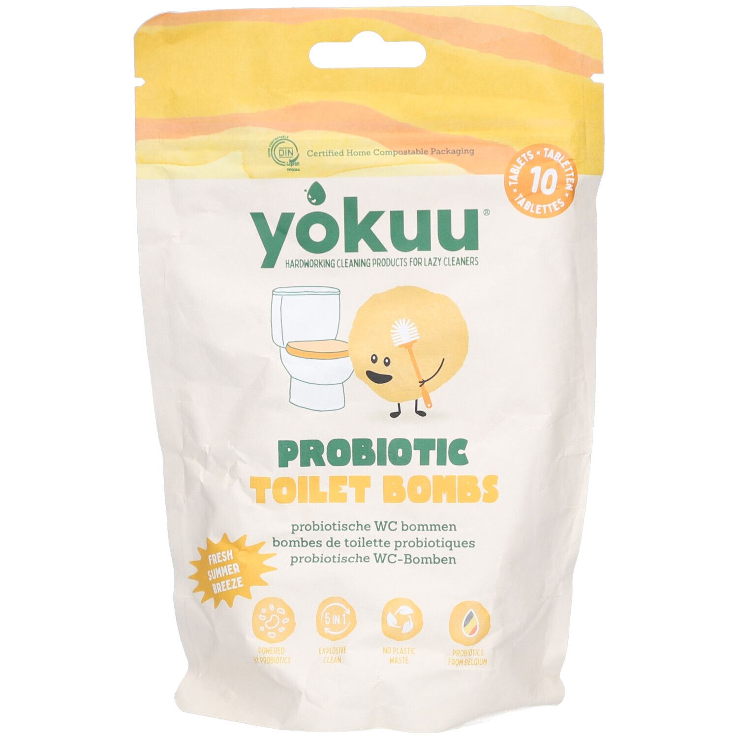Beutel mit YOKUU Toilet Bombs. Aufdruck: PROBIOTIC TOILET BOMBS, 10 Tabletten. Gelb-weiße Verpackung, Cartoon-Illustration.