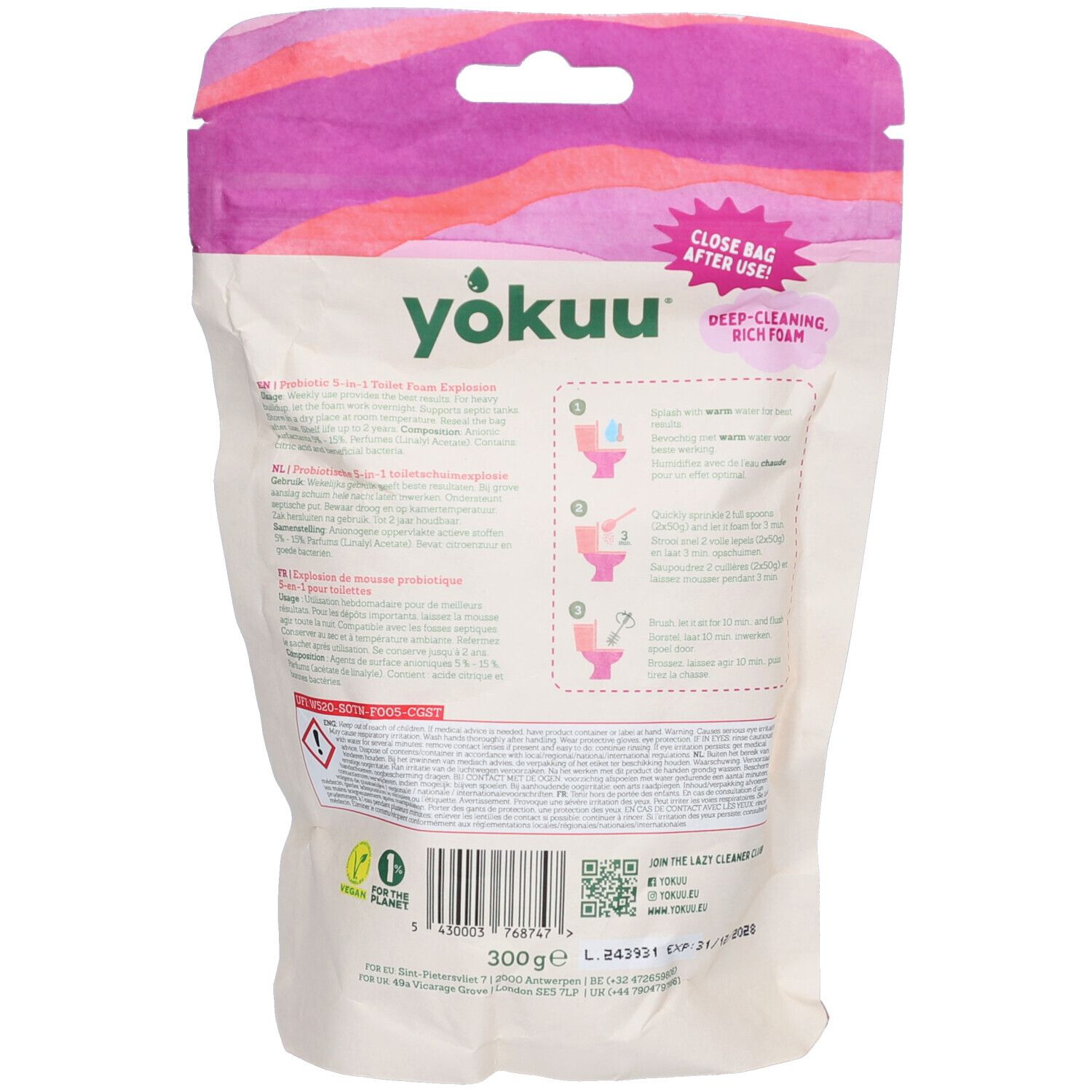 Rückseite der Produktverpackung. Enthält Informationen zur Anwendung und Inhaltsstoffe. Mit QR-Code und Zertifizierungen.