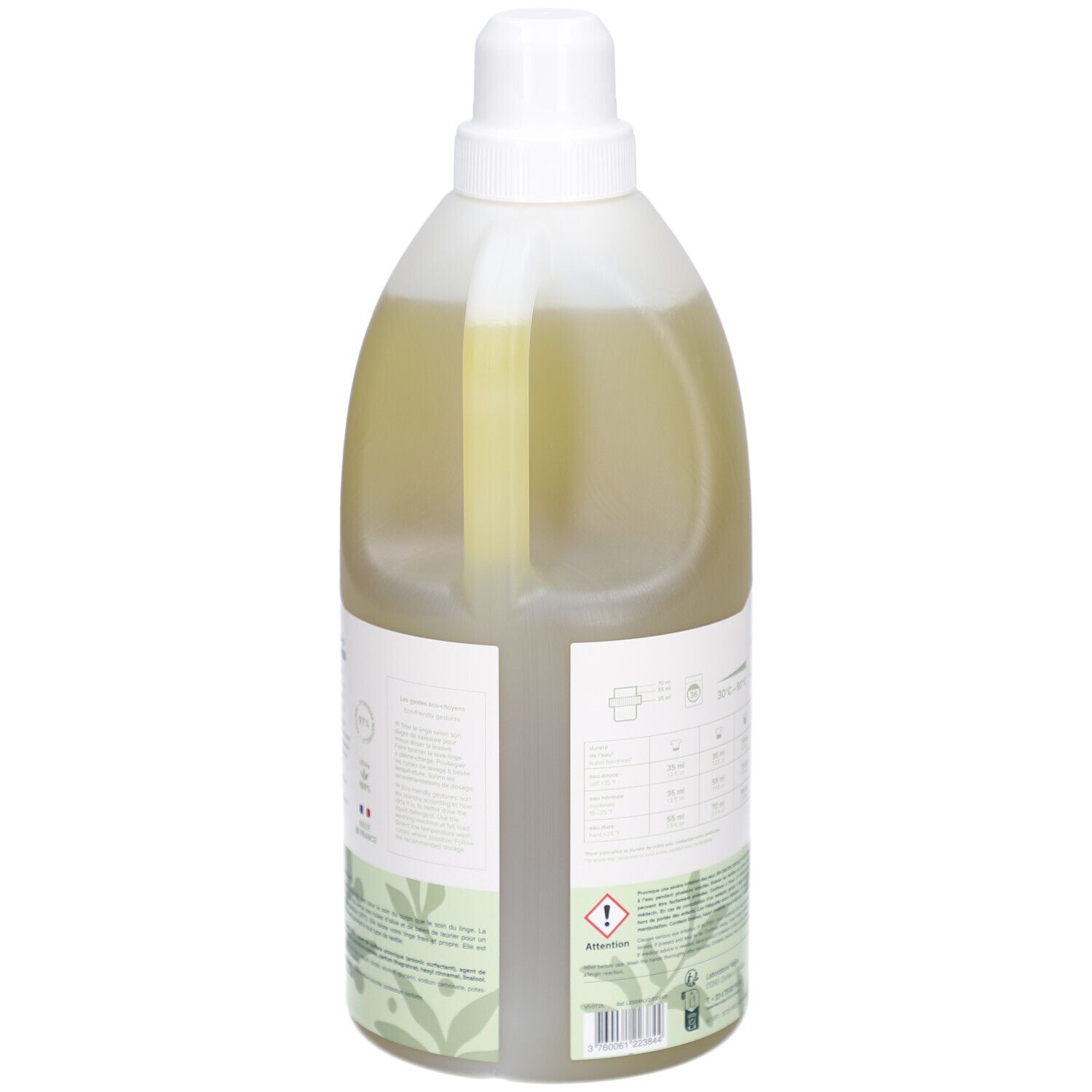 Dos d'une bouteille de lessive liquide. Étiquette avec informations et instructions de lavage. Avertissement.