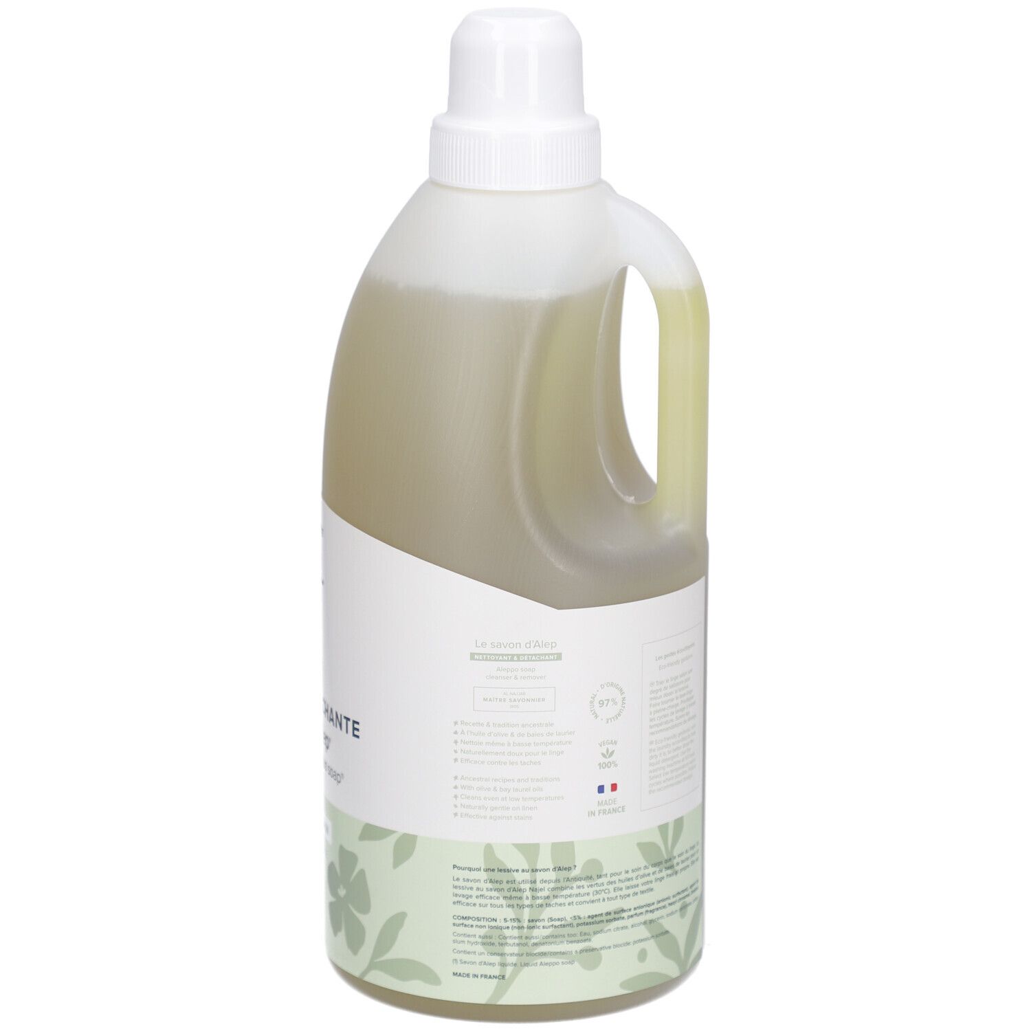 Bouteille de lessive liquide avec poignée. Inscription: NAJEL, Lessive Détachante, Savon d'Alep. Étiquette avec instructions de lavage.