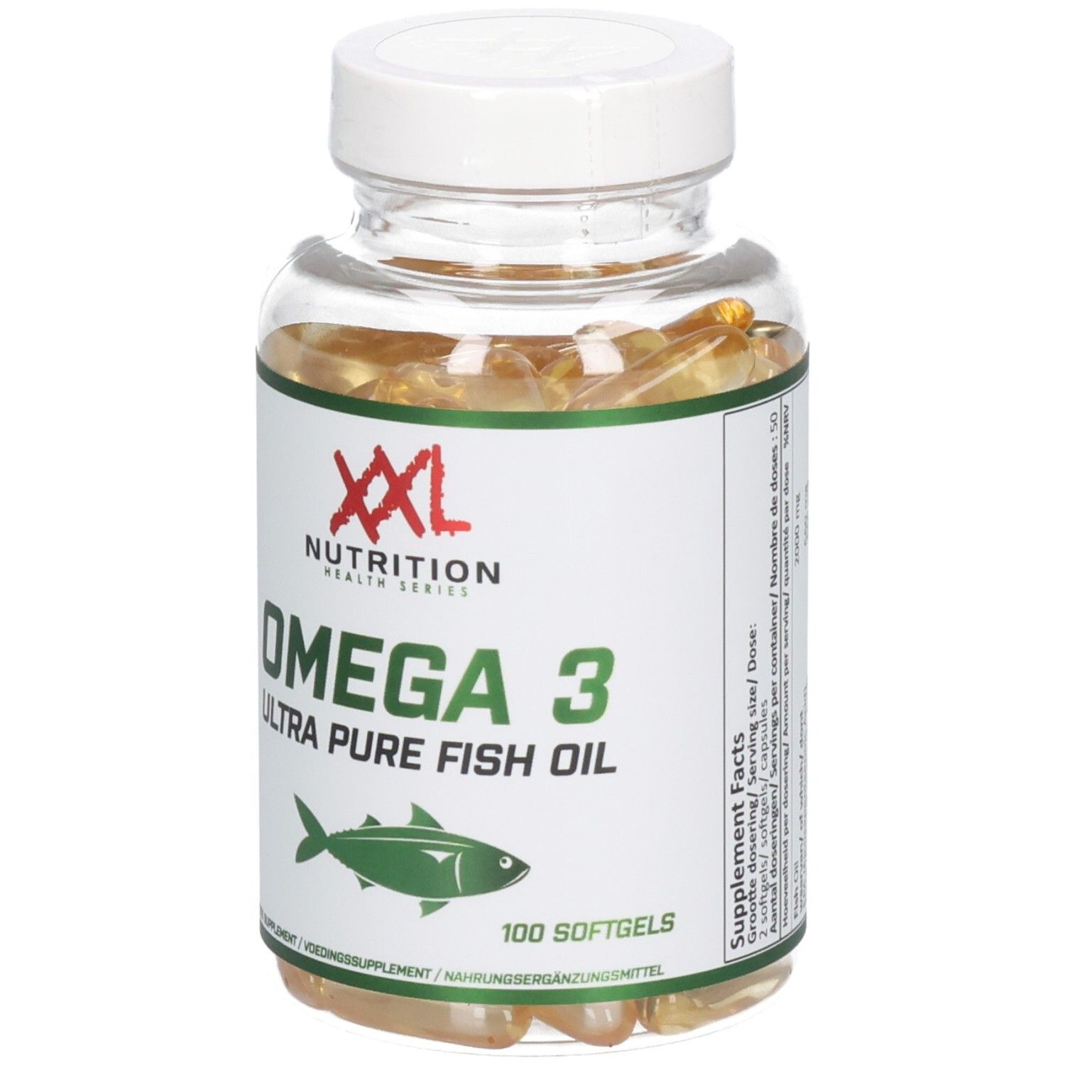 Flacon avec gélules. Étiquette avec "XXL Nutrition", "Omega 3 Ultra Pure Fish Oil" et symbole de poisson. 100 gélules. Vue latérale.