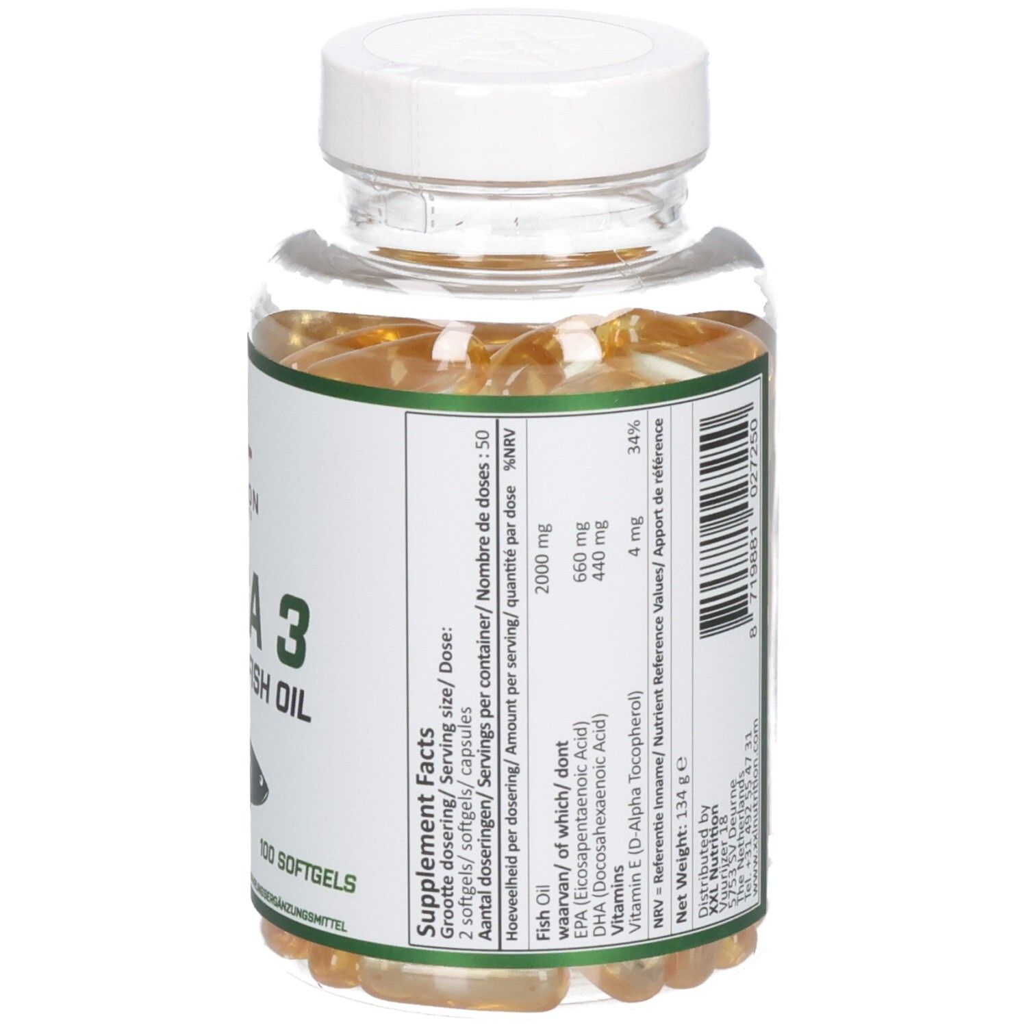 Vue arrière du flacon avec gélules. Informations nutritionnelles sur l'étiquette : huile de poisson, EPA, DHA, vitamine E. Dosage par portion.