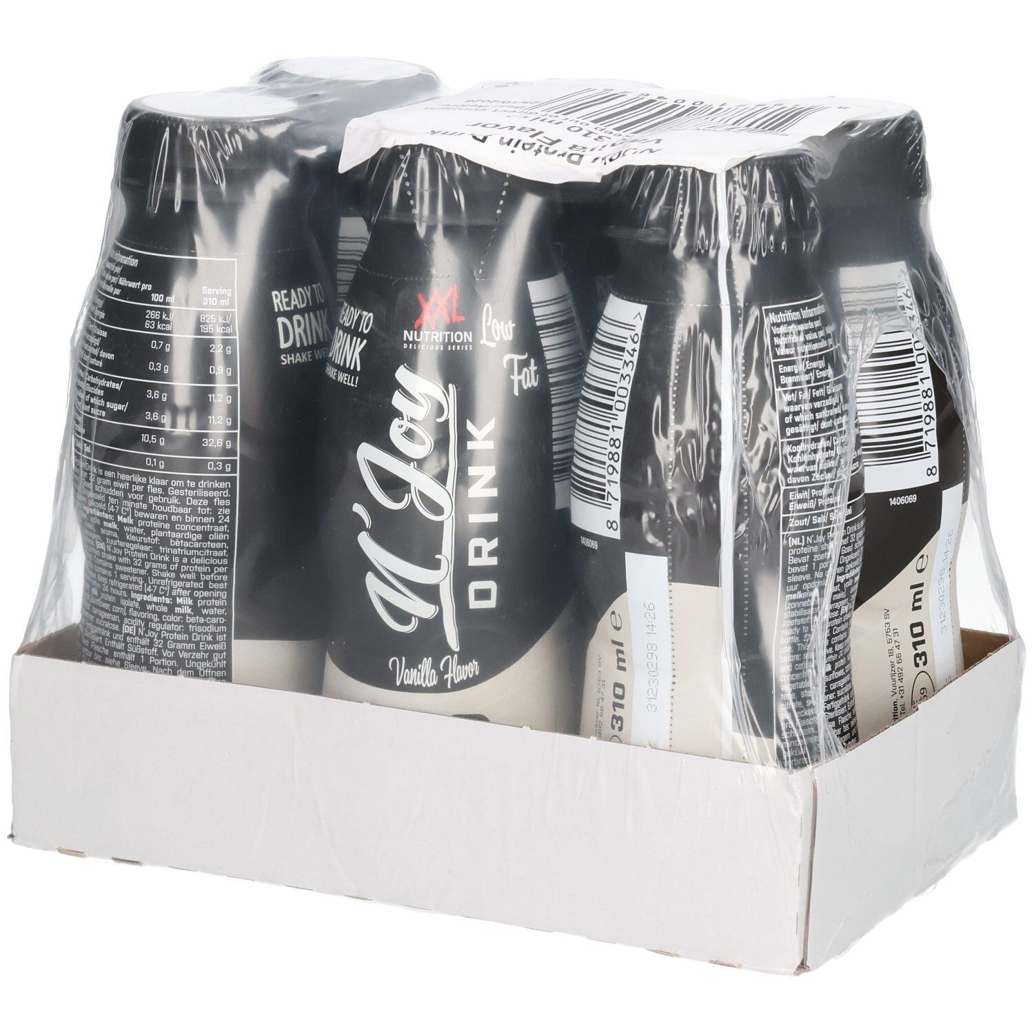 Emballage de six bouteilles de N'Joy Protein Drink, saveur vanille. Bouteilles noires avec étiquette blanche, emballées sous film.