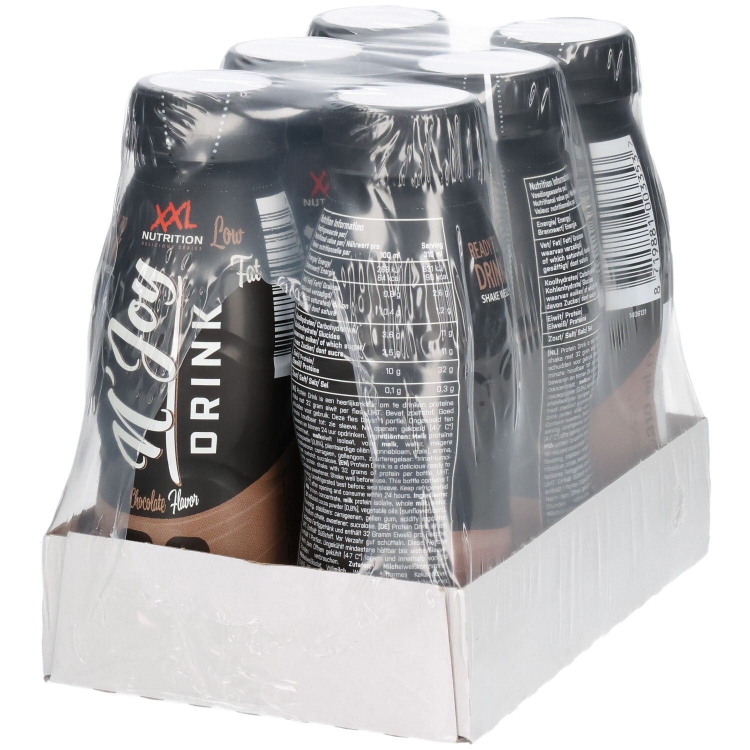 Sechs Flaschen XXL Nutrition N'Joy Protein Drink Schokoladengeschmack in einer Pappschachtel, verpackt in Folie.