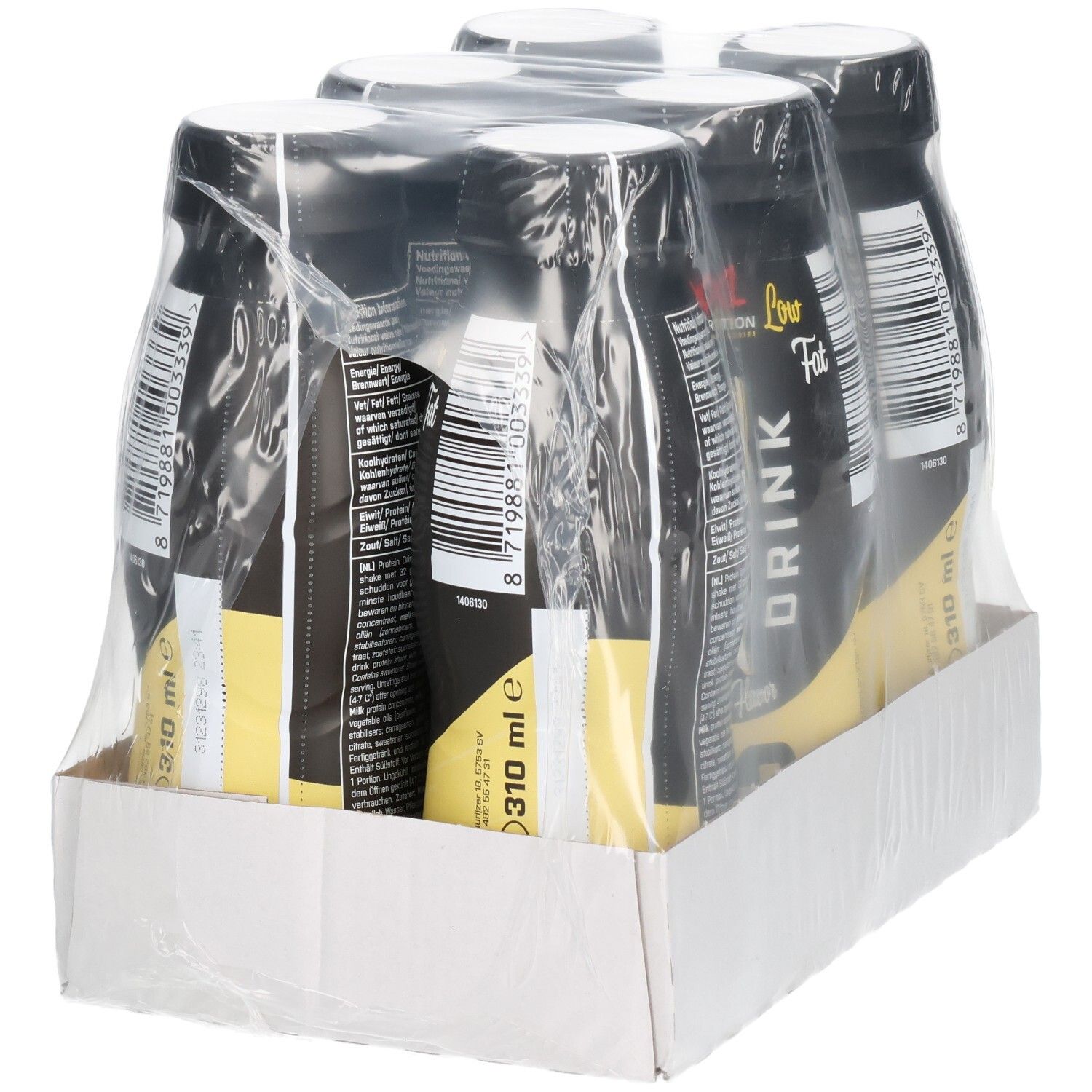 Six bouteilles N'Joy Drink emballées dans un carton. Bouteilles noires avec étiquettes jaunes. Plastique transparent enveloppe les bouteilles.