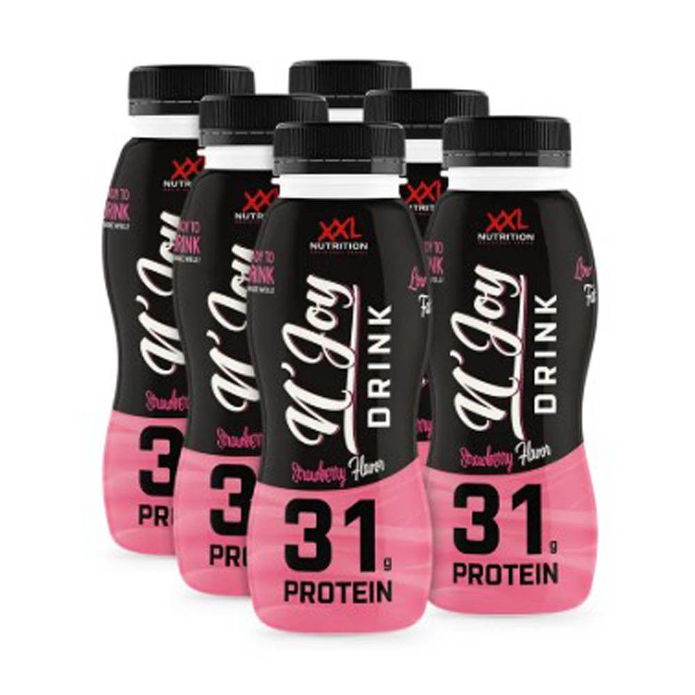 Sept bouteilles de N'Joy Drink. Bouteilles noires avec étiquette rose. Logo XXL Nutrition. Goût fraise. 31g de protéines.