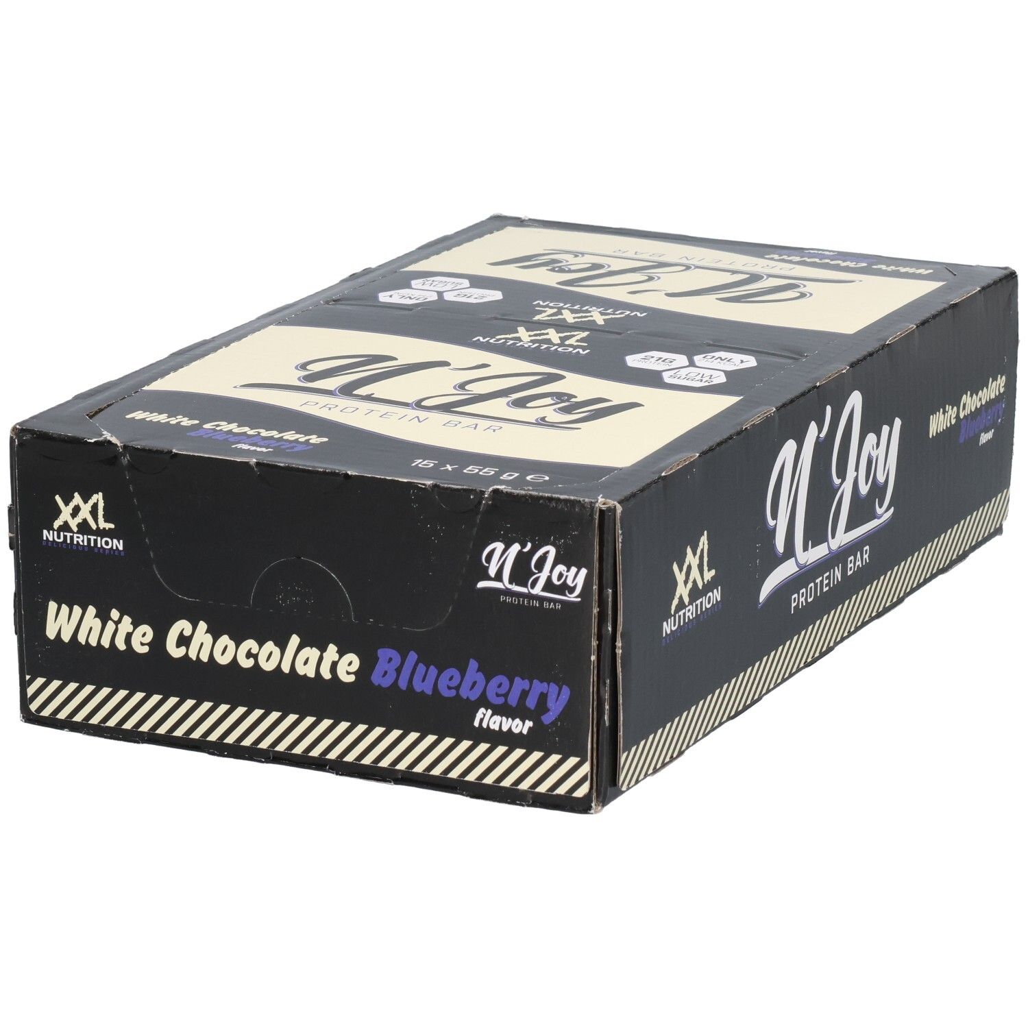 Schachtel mit Proteinriegeln. Aufschrift: N'Joy Protein Bar, White Chocolate Blueberry. Marke: XXL Nutrition.