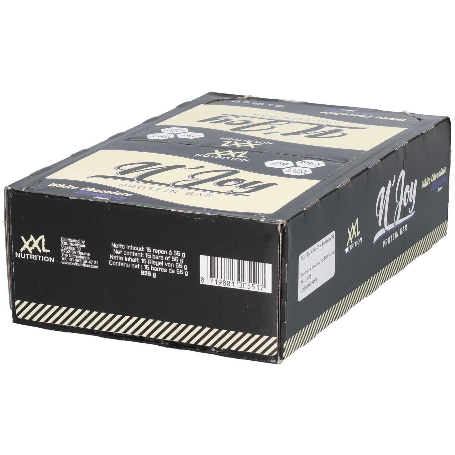 Schachtel mit Proteinriegeln. Aufschrift: N'Joy Protein Bar, White Chocolate Blueberry. Marke: XXL Nutrition.