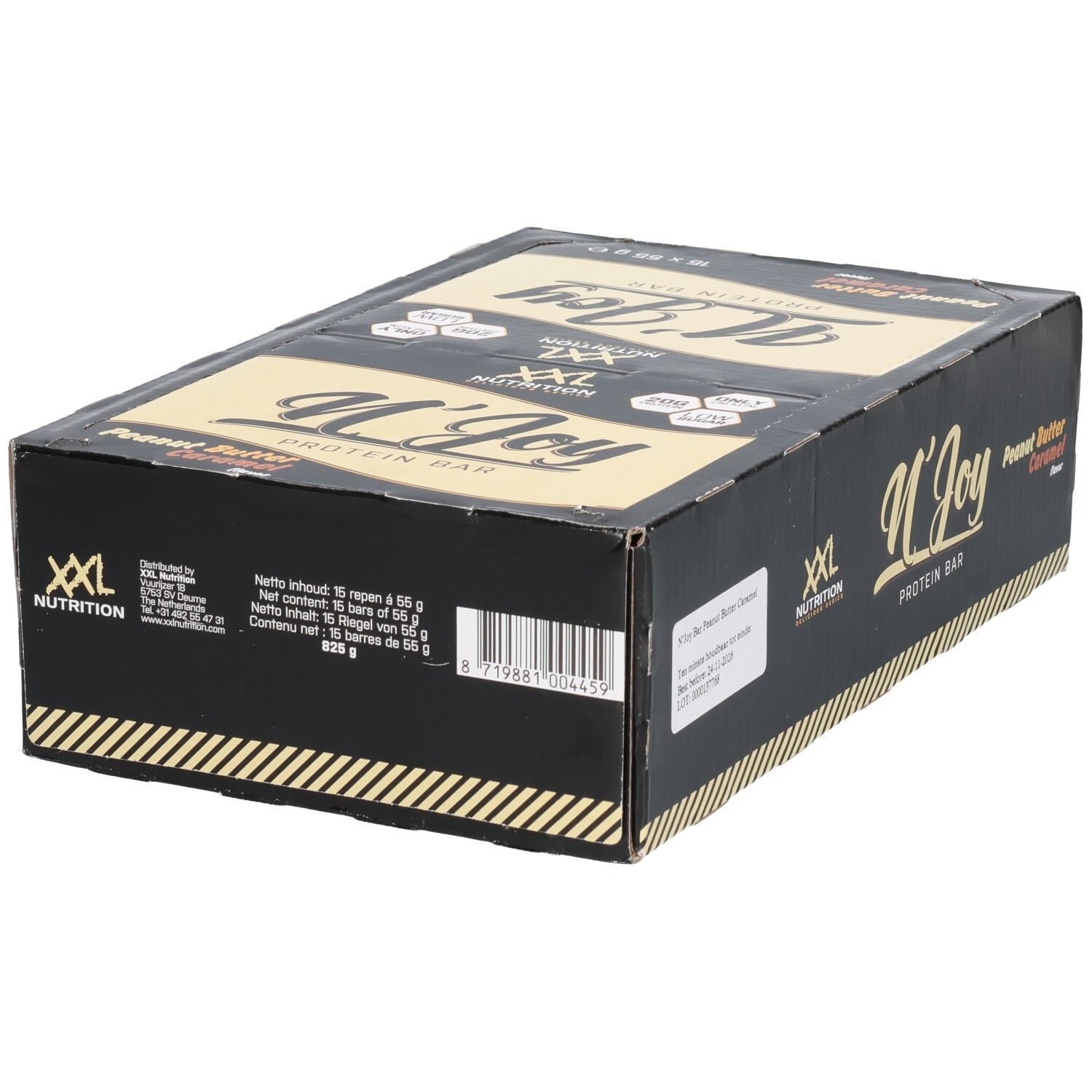Schwarzer Karton mit XXL Nutrition N'Joy Protein Bar. Aufschrift: Peanut Butter Caramel. 15 Riegel.