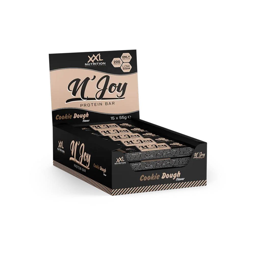 Boîte de barres protéinées. Inscription: N'Joy Protein Bar Cookie Dough. Marque: XXL Nutrition. 16 barres.