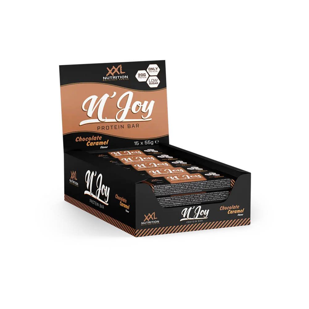 Boîte noire ouverte de barres protéinées XXL Nutrition N'Joy Chocolate Caramel. Visible : barres, inscription N'Joy Protein Bar.