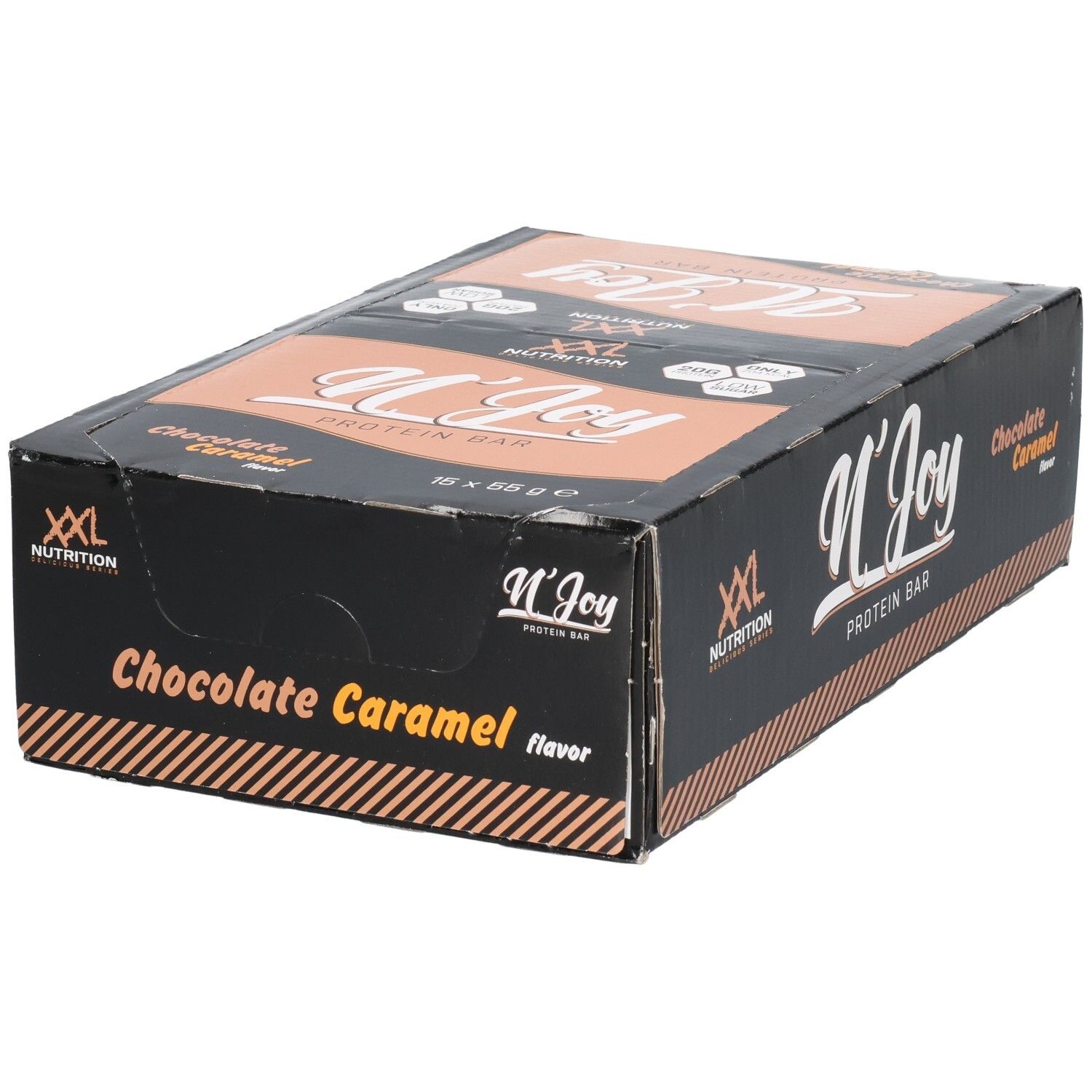 Schwarzer Karton mit XXL Nutrition N'Joy Protein Bar Chocolate Caramel. Aufdruck: N'Joy Protein Bar, 16 x 55g.