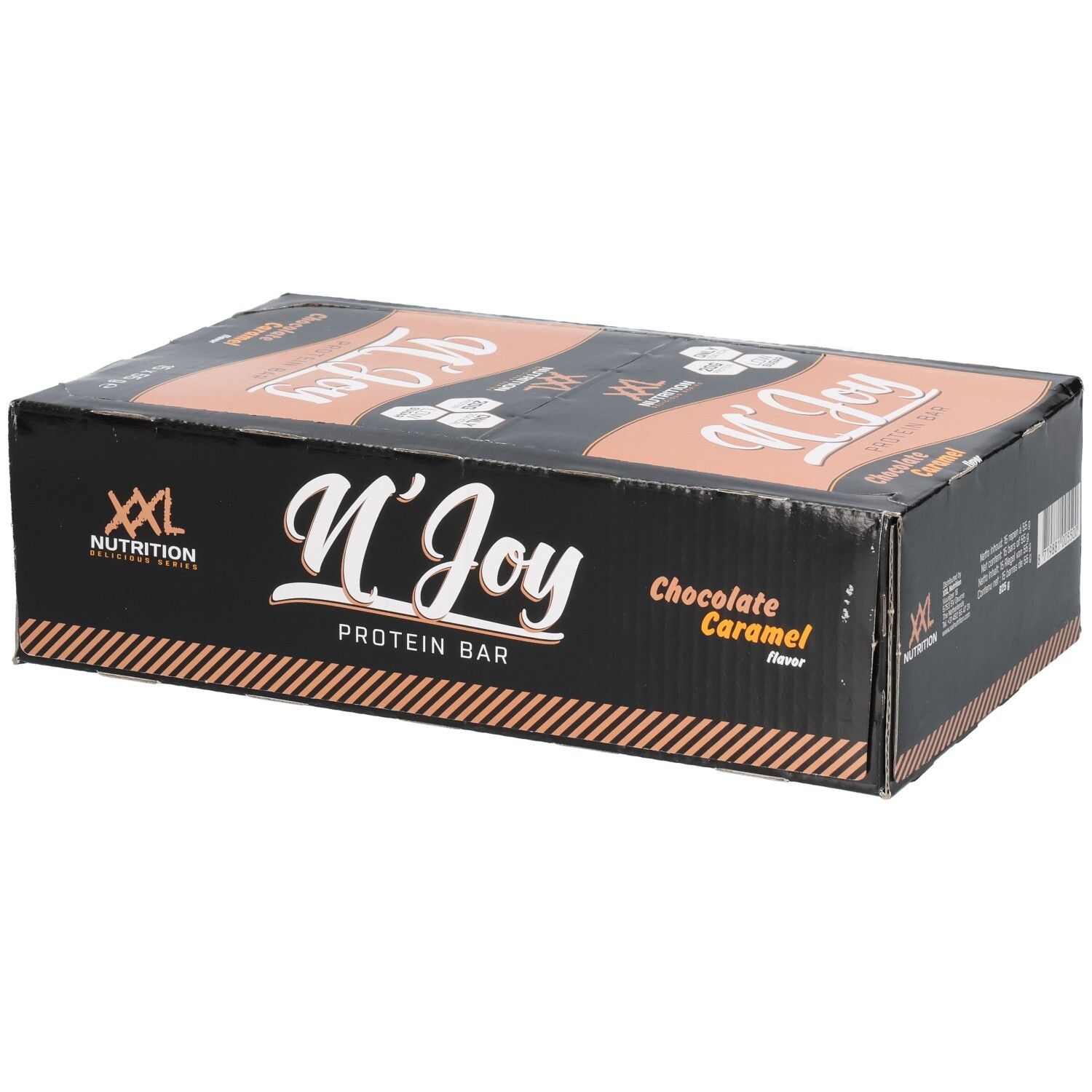 Schwarzer Karton mit XXL Nutrition N'Joy Protein Bar Chocolate Caramel. Aufdruck: N'Joy Protein Bar, Geschmacksrichtung Chocolate Caramel.