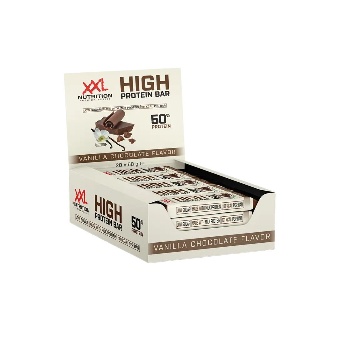 Boîte ouverte de barres protéinées XXL Nutrition. Goût vanille chocolat, 50% protéines. Barres visibles.