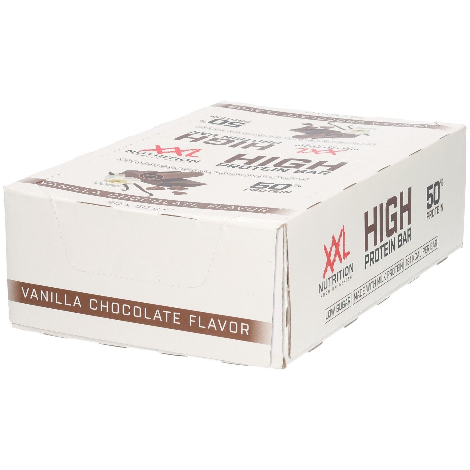 Karton mit XXL Nutrition High Protein Bar. Aufschrift: Vanille-Schokoladen-Geschmack, 50% Protein. Verpackung.