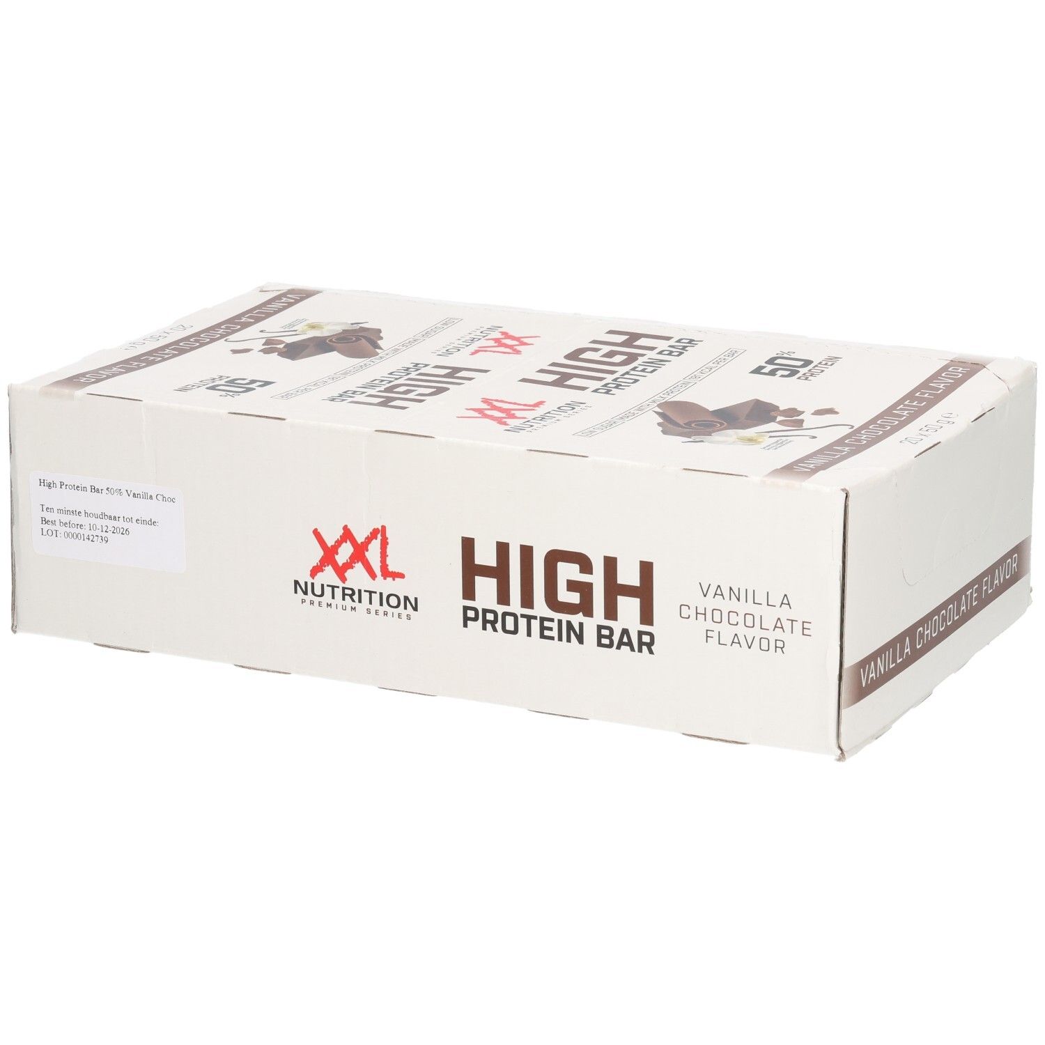 Karton mit XXL Nutrition High Protein Bar. Aufschrift: Vanille-Schokoladen-Geschmack, 50% Protein. Verpackung.