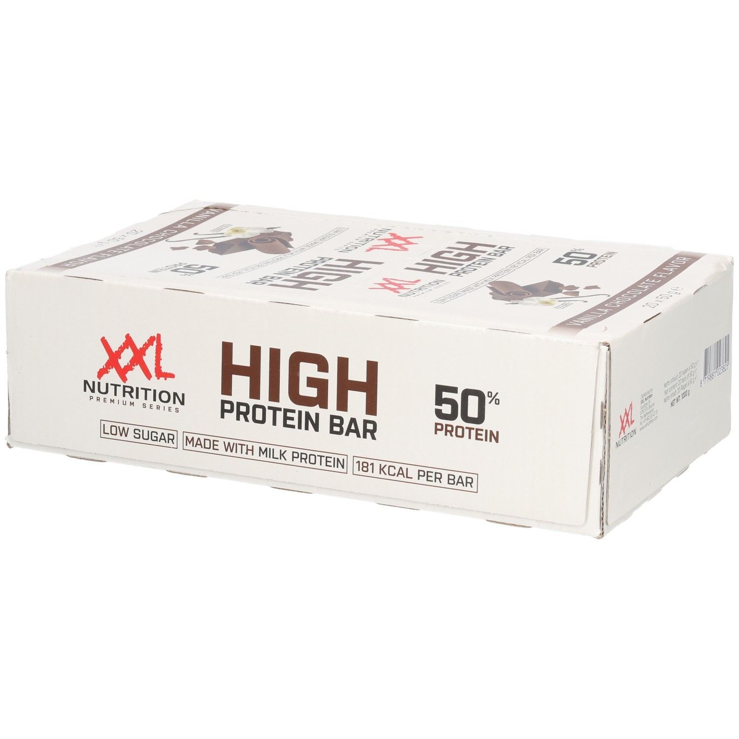 Karton mit XXL Nutrition High Protein Bar. Aufschrift: Vanille-Schokoladen-Geschmack, 50% Protein. Verpackung.