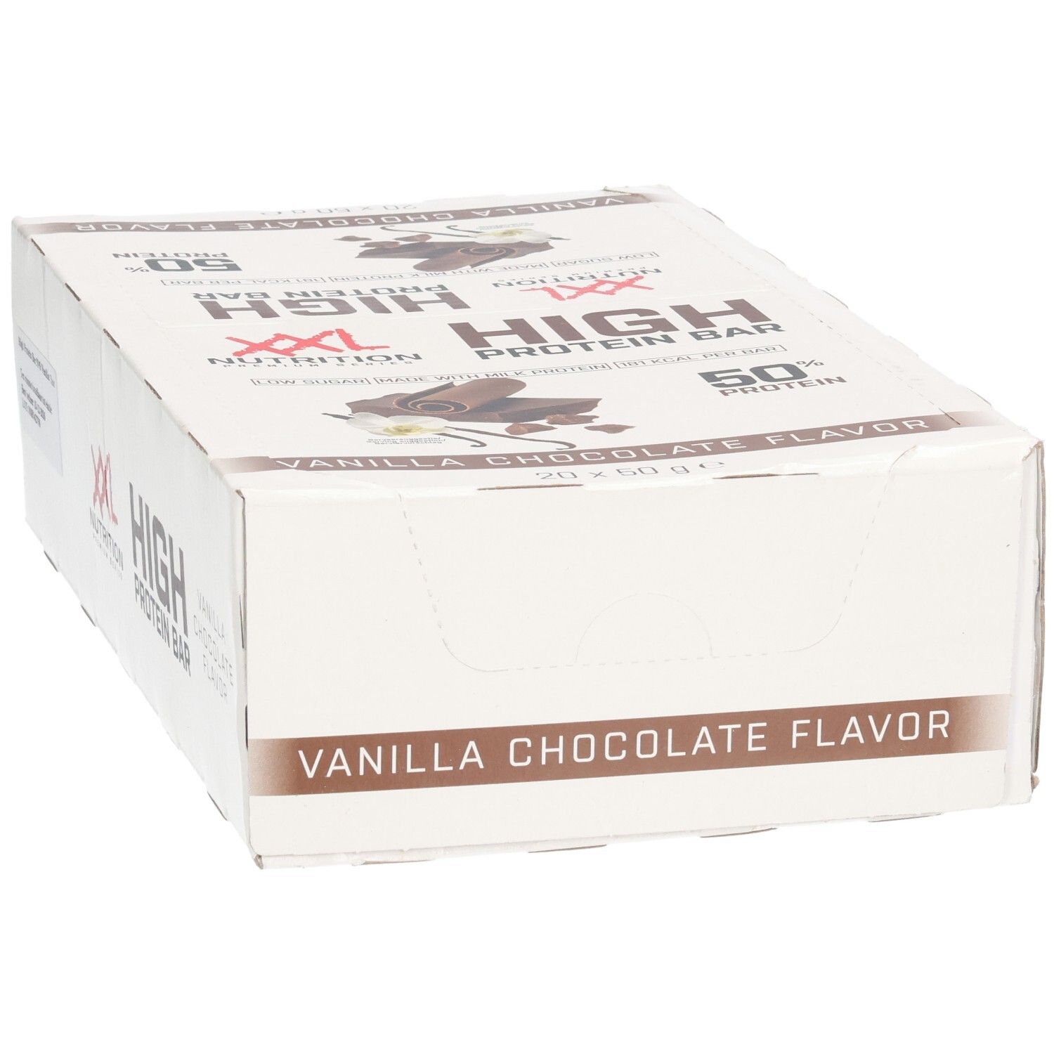 Karton mit XXL Nutrition High Protein Bar. Aufschrift: Vanille-Schokoladen-Geschmack, 50% Protein. Verpackung.