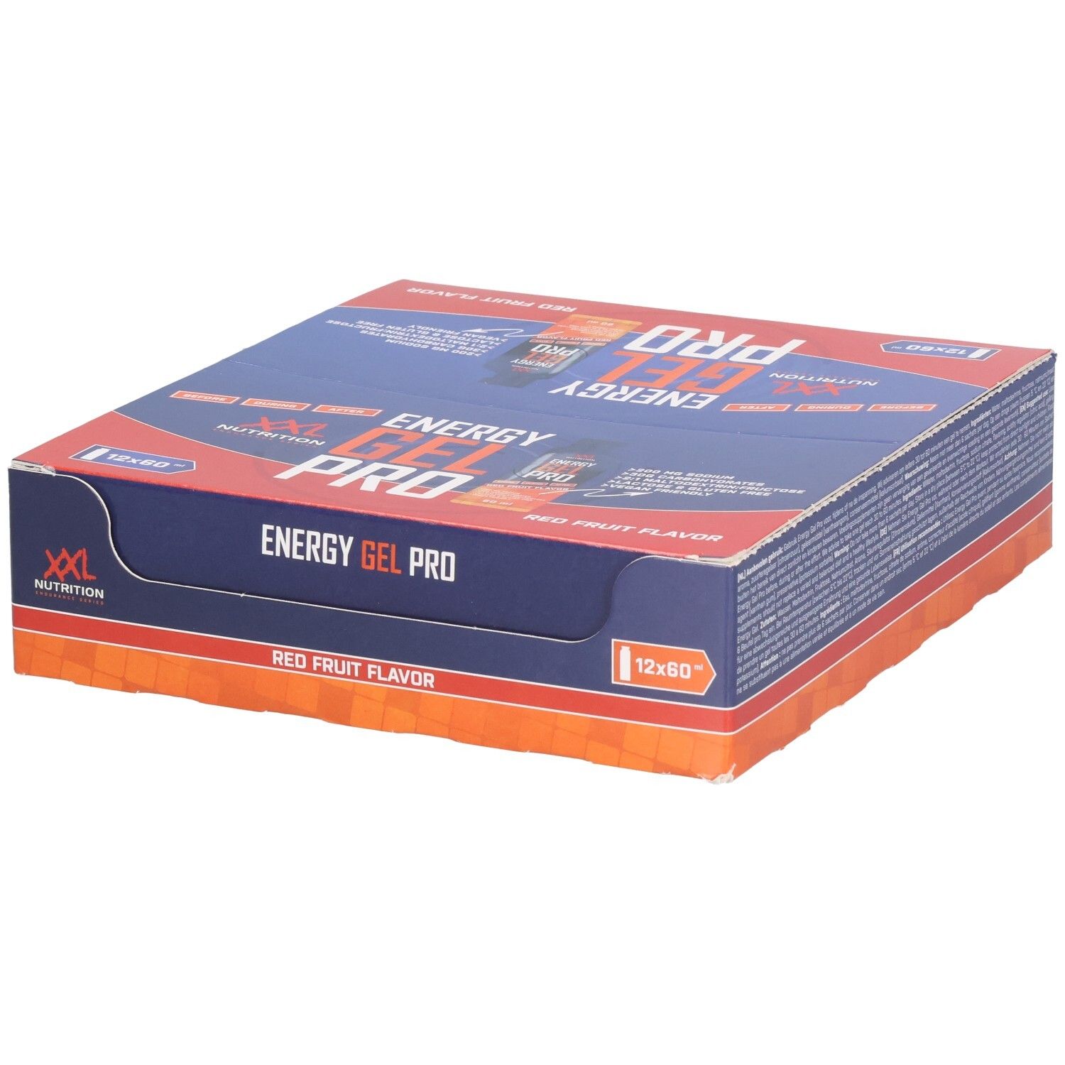Karton mit Energy Gel Pro. Blaue und rote Verpackung. Aufschrift: Energy Gel Pro, Red Fruit Flavor. 12x60.