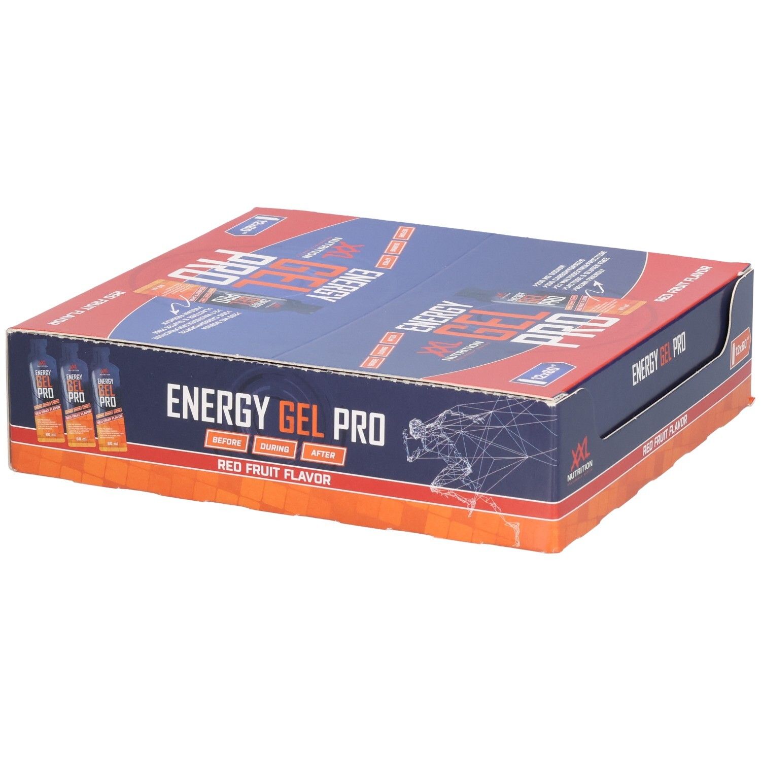 Karton mit Energy Gel Pro. Blaue und rote Verpackung. Aufschrift: Energy Gel Pro, Red Fruit Flavor. 12x60. Gezeigt: Gels.