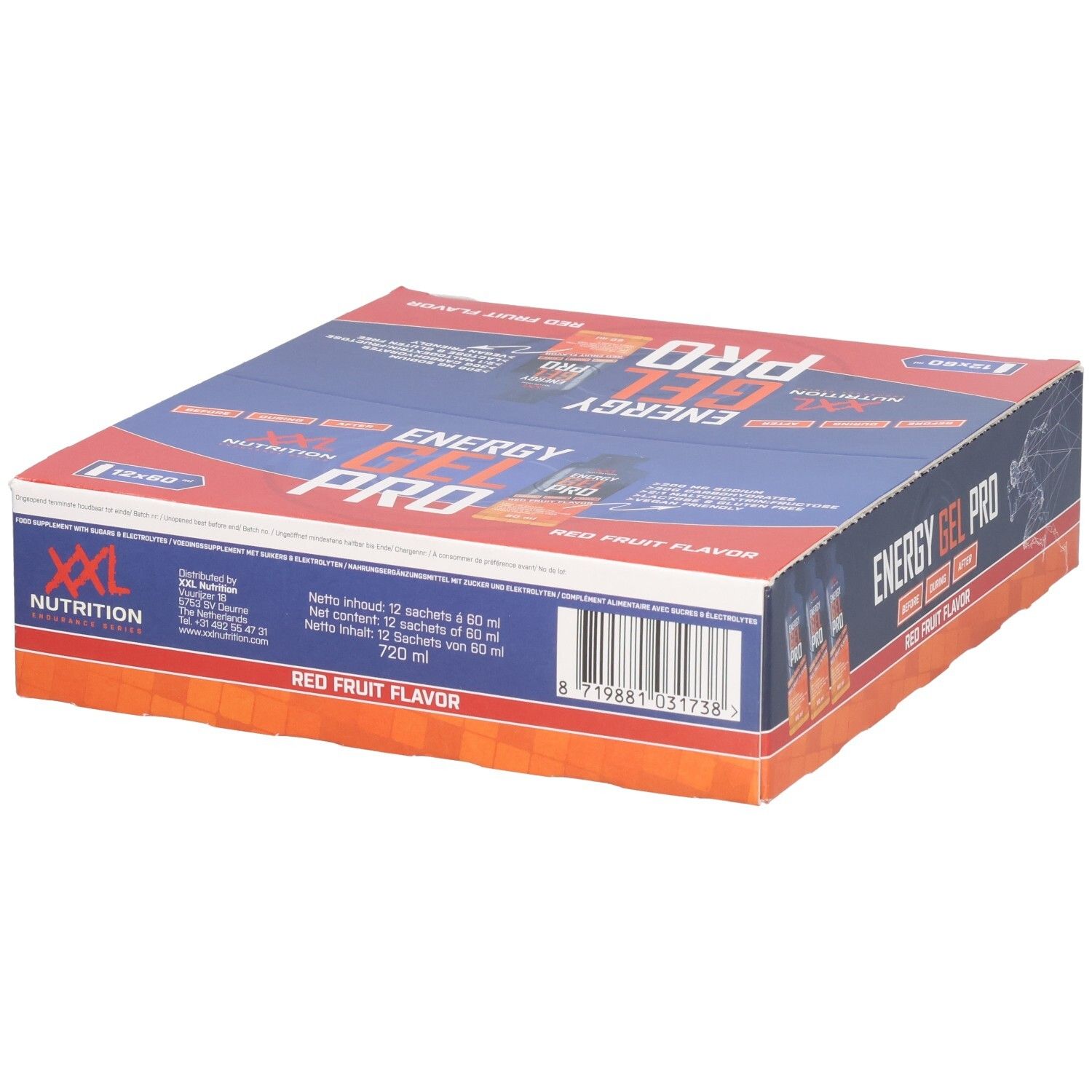 Karton mit Energy Gel Pro. Blaue und rote Verpackung. Aufschrift: Energy Gel Pro, Red Fruit Flavor. 12x60. Rückseite.