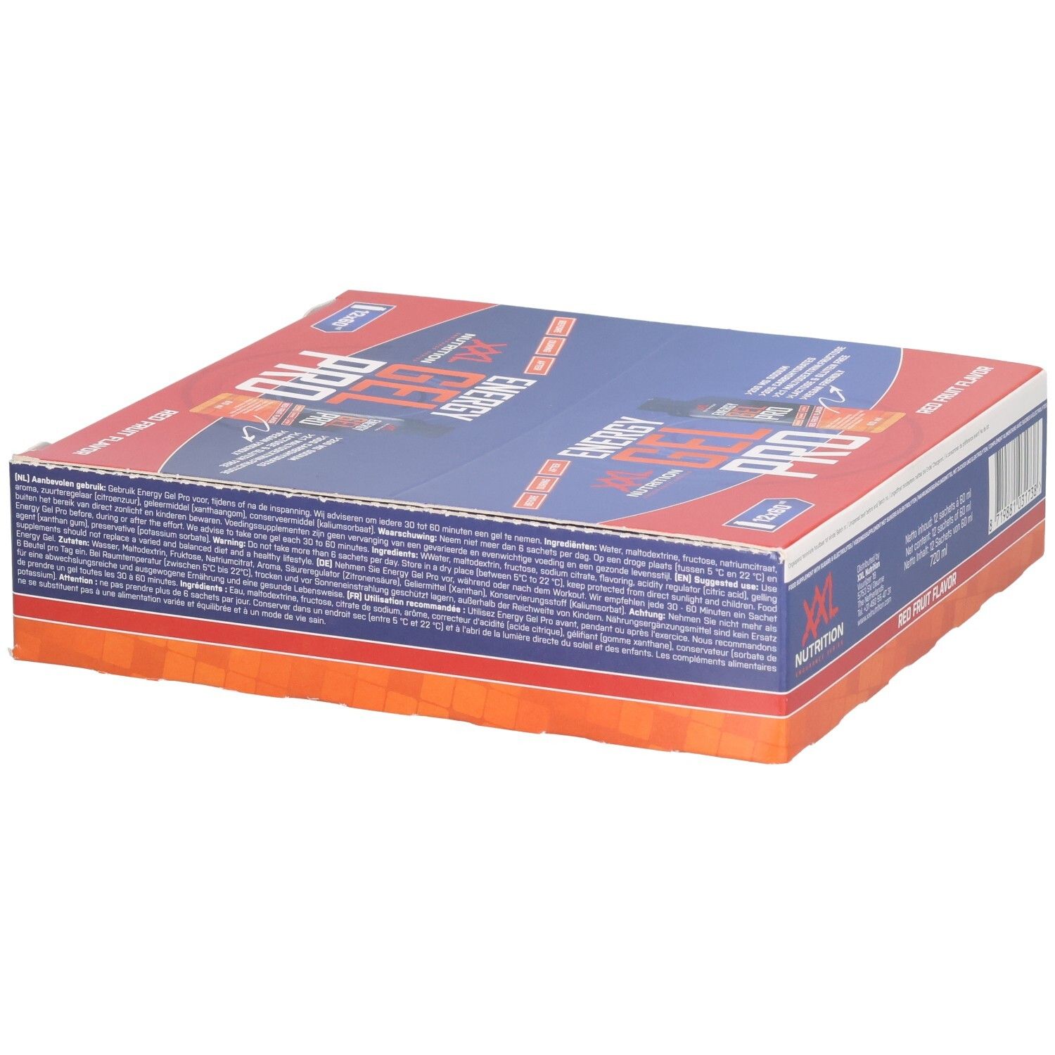 Karton mit Energy Gel Pro. Blaue und rote Verpackung. Aufschrift: Energy Gel Pro, Red Fruit Flavor. Text auf der Verpackung.