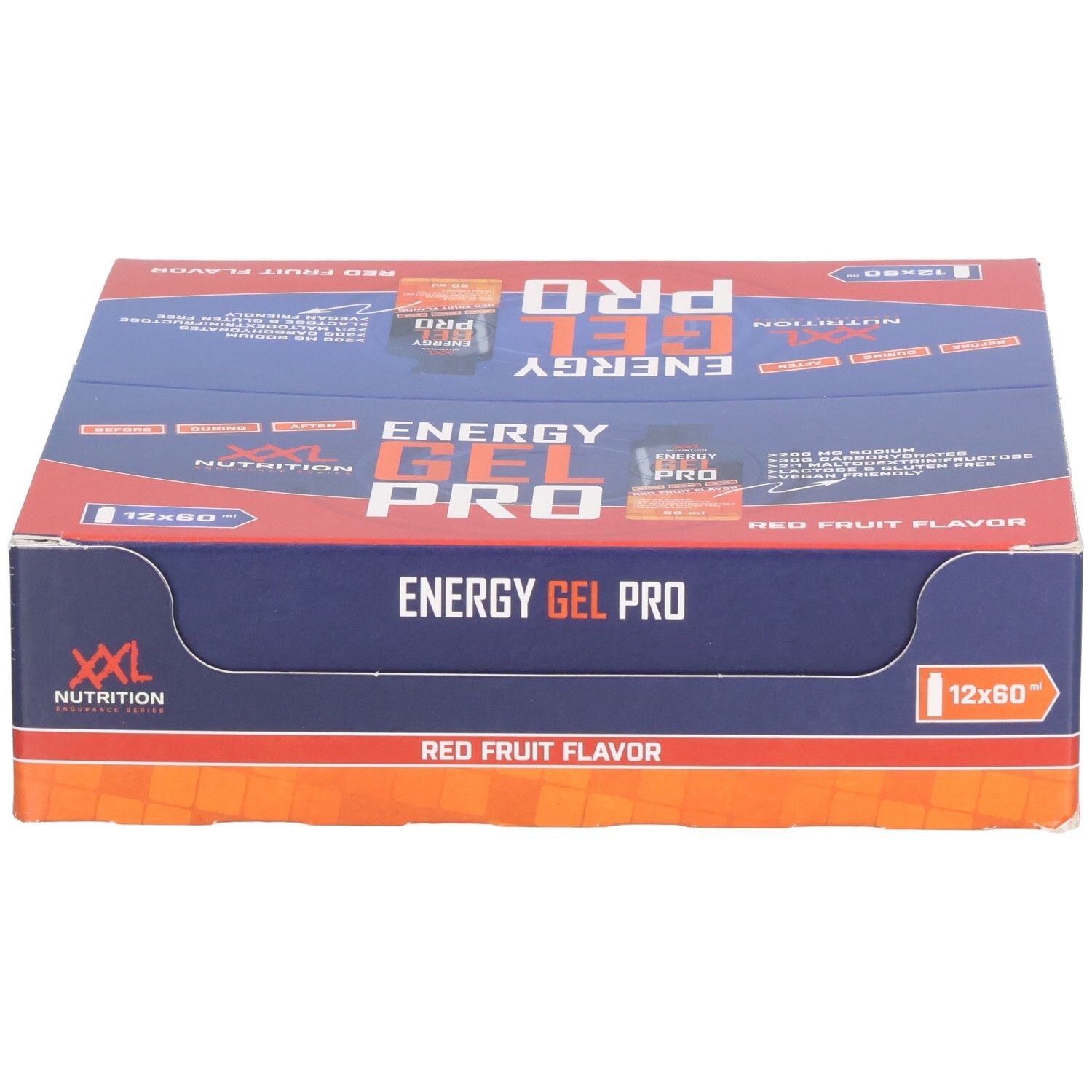 Karton mit Energy Gel Pro. Blaue und rote Verpackung. Aufschrift: Energy Gel Pro, Red Fruit Flavor. 12x60.