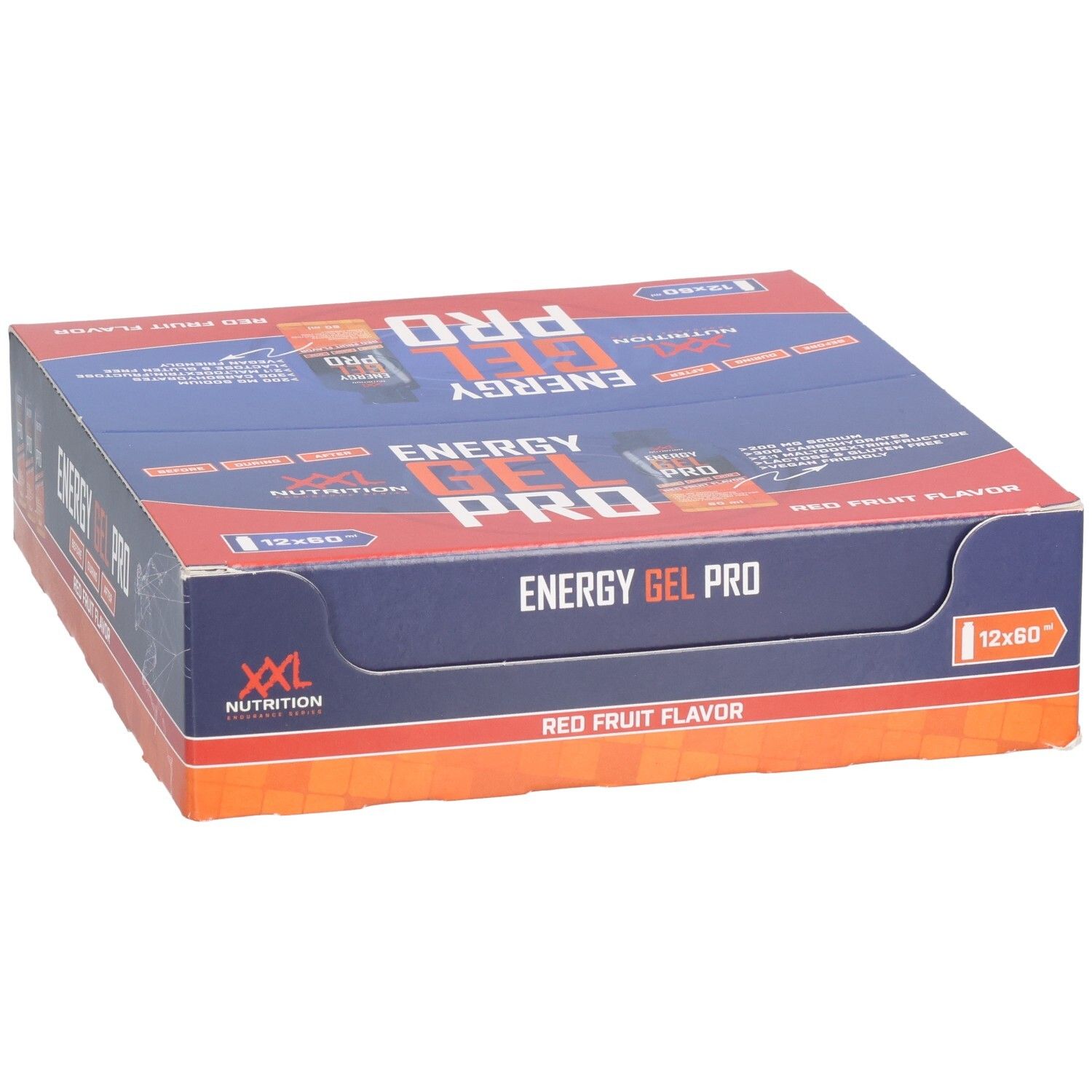 Karton mit Energy Gel Pro. Blaue und rote Verpackung. Aufschrift: Energy Gel Pro, Red Fruit Flavor. 12x60.