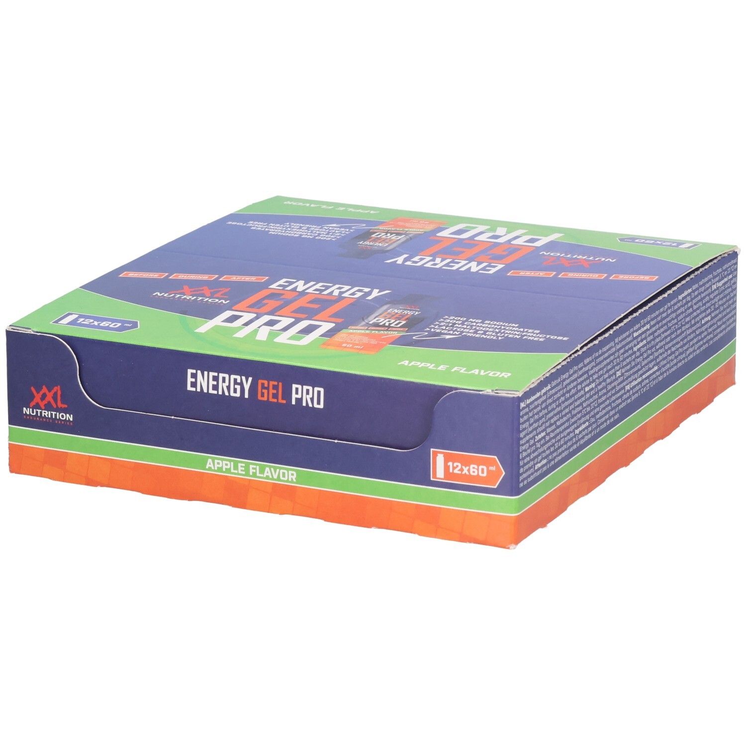 Karton mit Energy Gel Pro. Blaue, grüne und orangefarbene Verpackung. Aufschrift: XXL Nutrition, Energy Gel Pro, Apple Flavor.