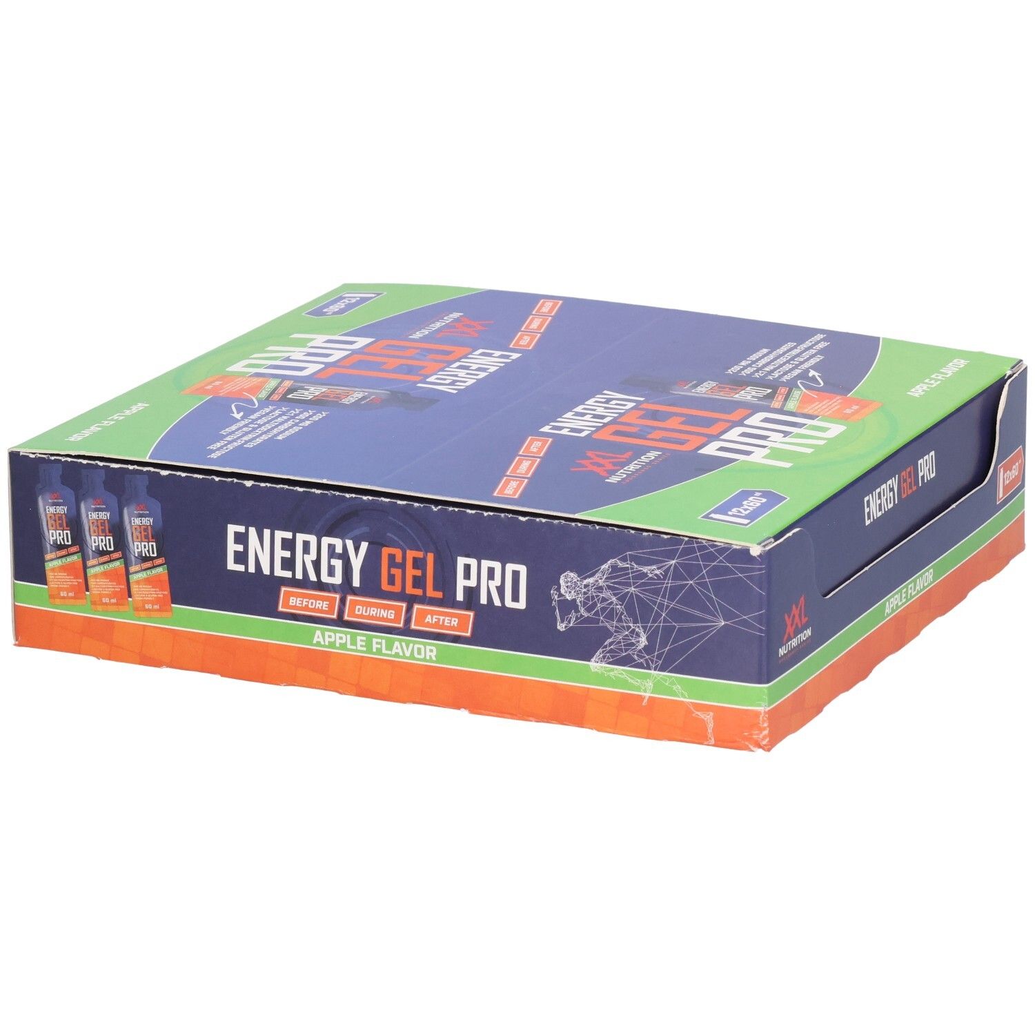 Karton mit Energy Gel Pro. Blaue, grüne und orangefarbene Verpackung. Aufschrift: XXL Nutrition, Energy Gel Pro, Apple Flavor.