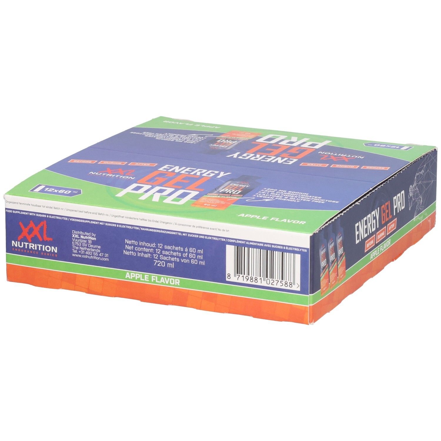 Karton mit Energy Gel Pro. Blaue, grüne und orangefarbene Verpackung. Aufschrift: XXL Nutrition, Energy Gel Pro, Apple Flavor.