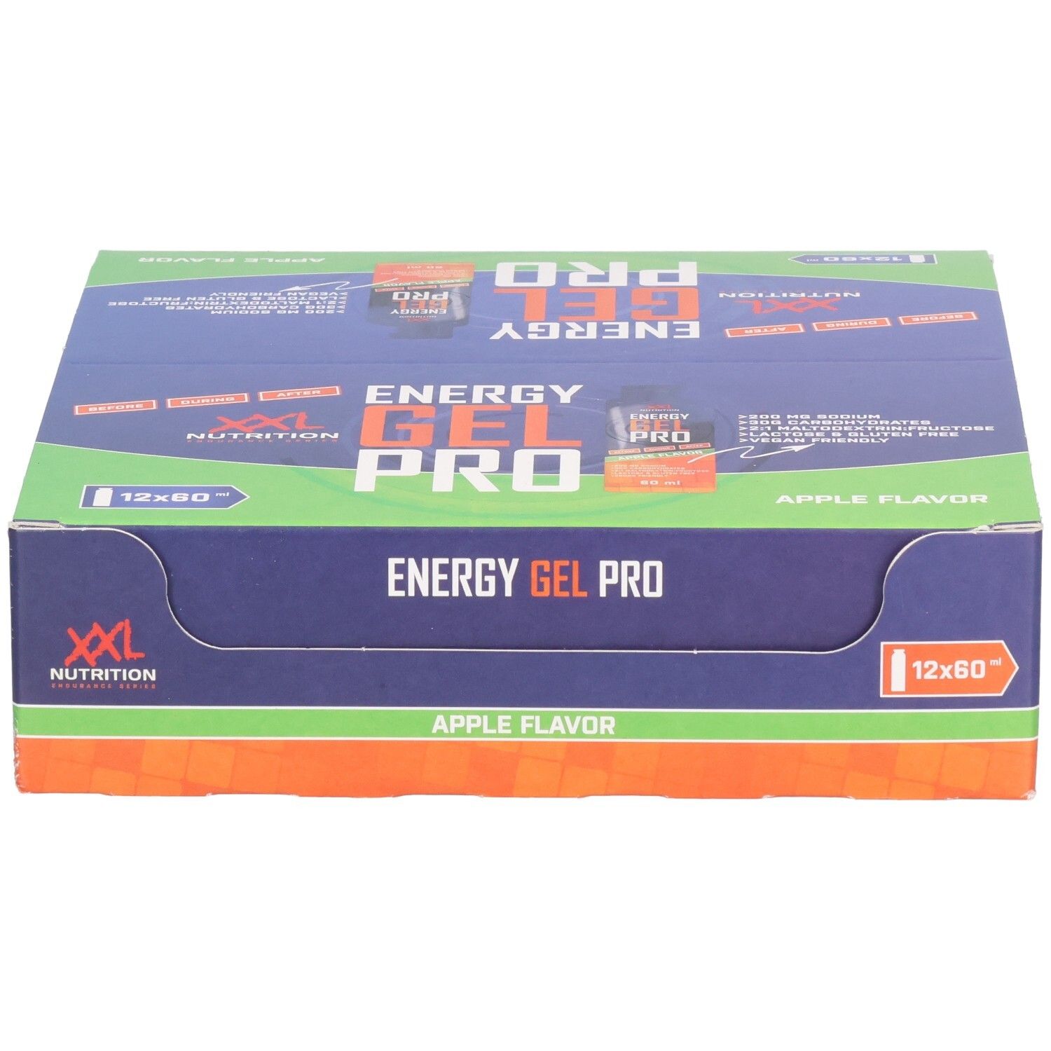 Karton mit Energy Gel Pro. Blaue, grüne und orangefarbene Verpackung. Aufschrift: XXL Nutrition, Energy Gel Pro, Apple Flavor.