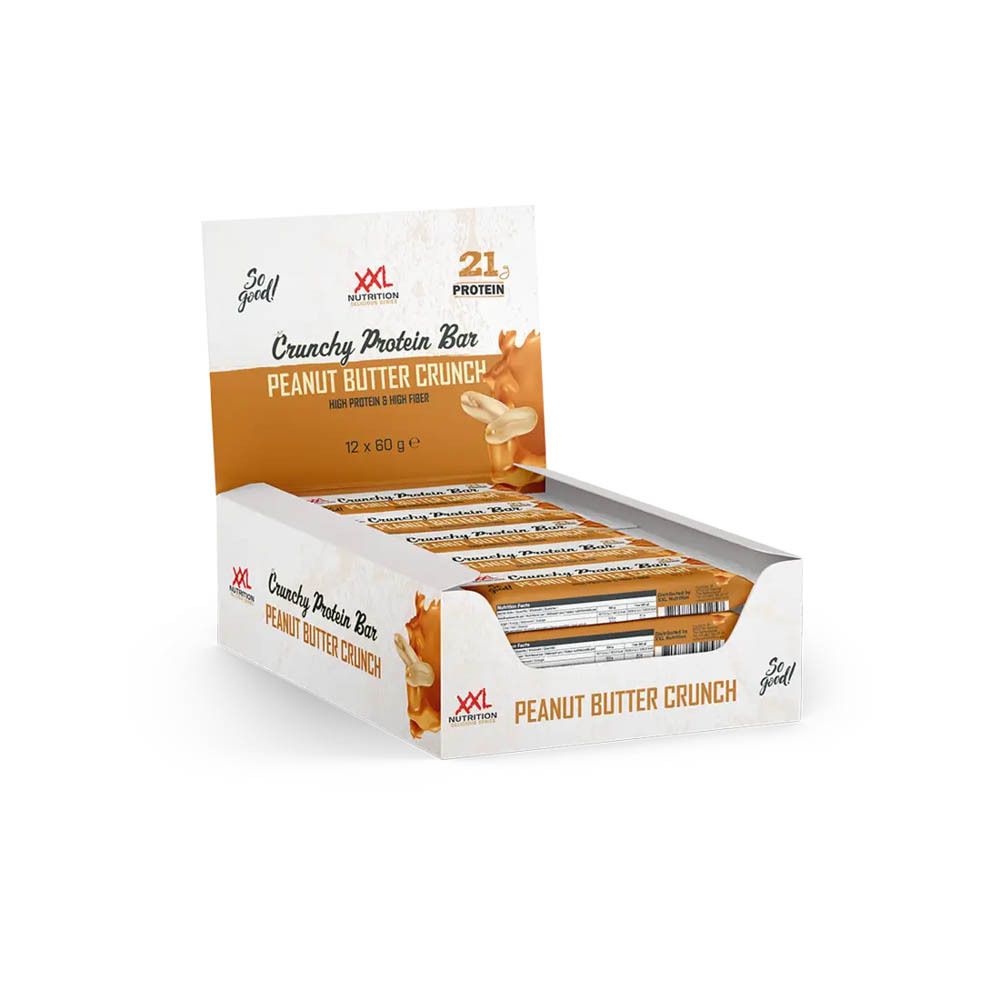 Boîte de barres protéinées Peanut Butter Crunch. Logo XXL Nutrition. Orange et blanc. Texte : Crunchy Protein Bar, Peanut Butter Crunch.