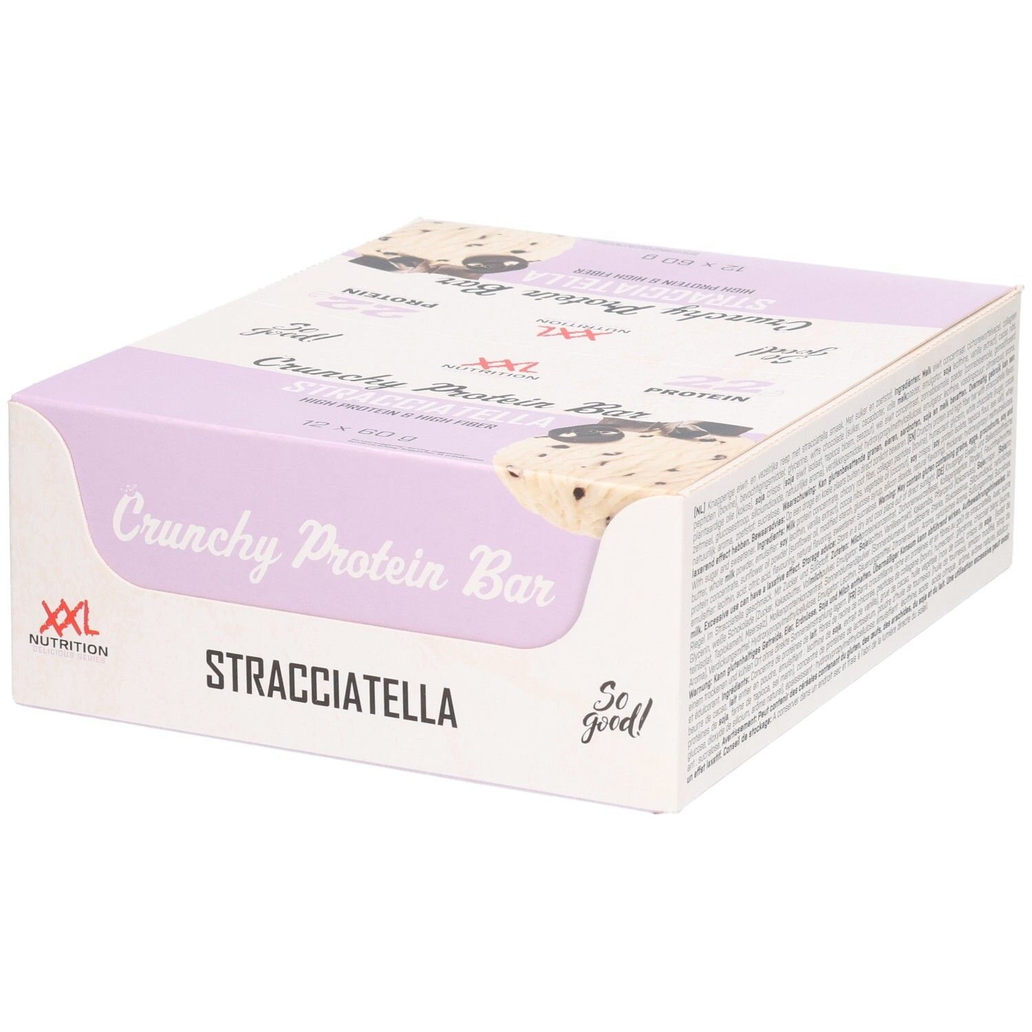 Karton mit Crunchy Protein Bar Stracciatella. XXL Nutrition Logo. Hellrosa und weiß. Text: Crunchy Protein Bar, Stracciatella.