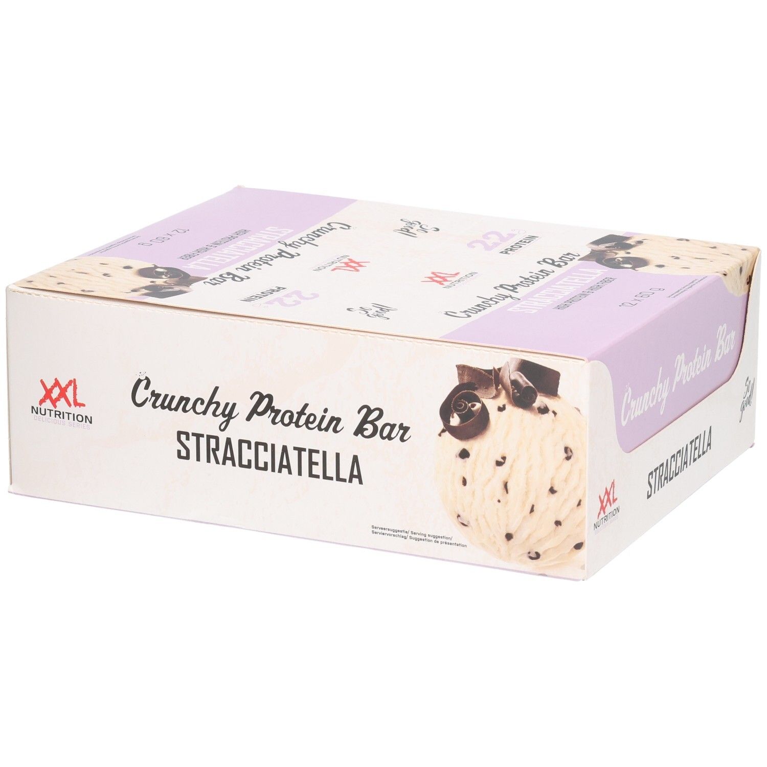 Karton mit Crunchy Protein Bar Stracciatella. XXL Nutrition Logo. Hellrosa und weiß. Produktabbildung. Text: Crunchy Protein Bar, Stracciatella.