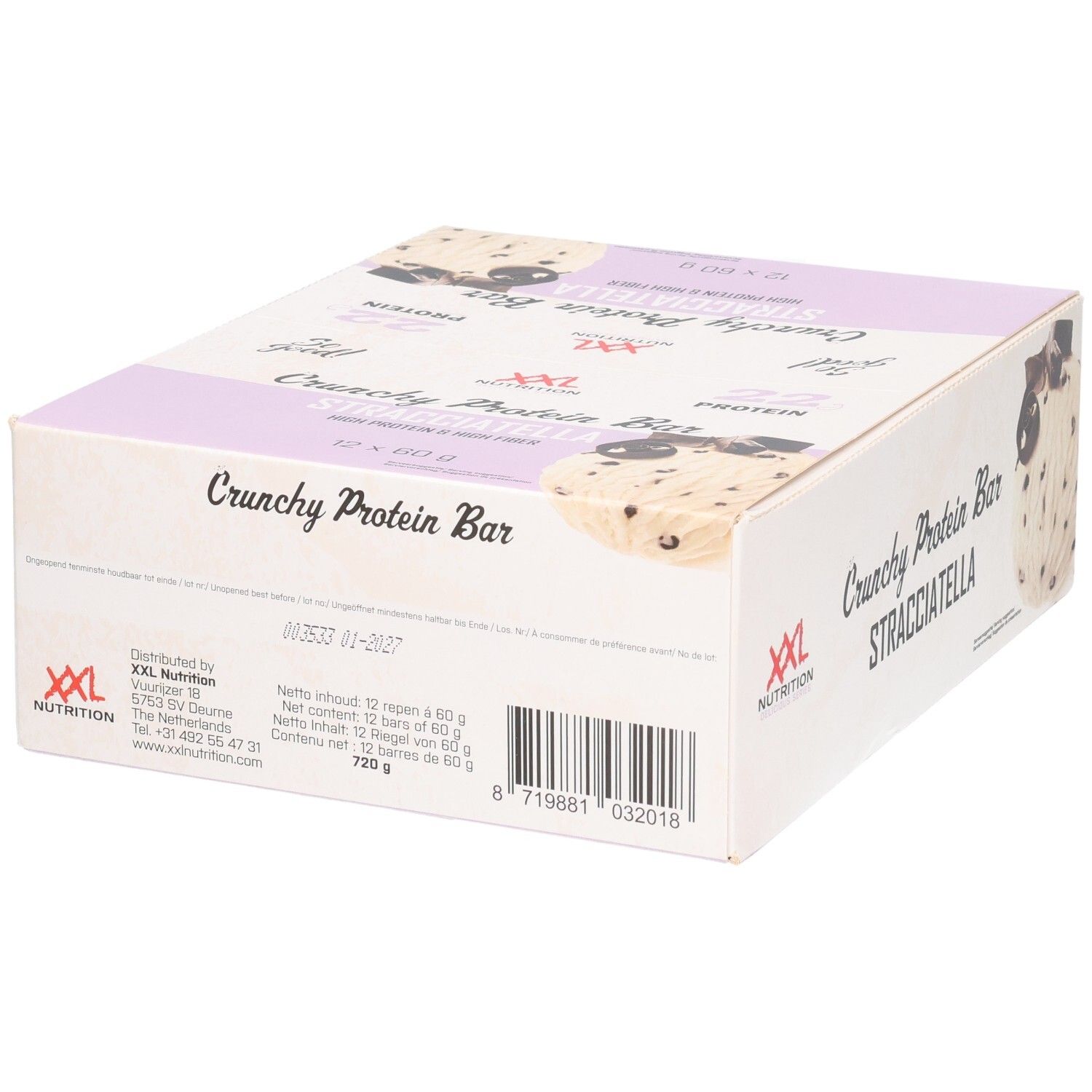 Karton mit Crunchy Protein Bar Stracciatella. XXL Nutrition Logo. Hellrosa und weiß. Text: Crunchy Protein Bar, Stracciatella. Barcode.