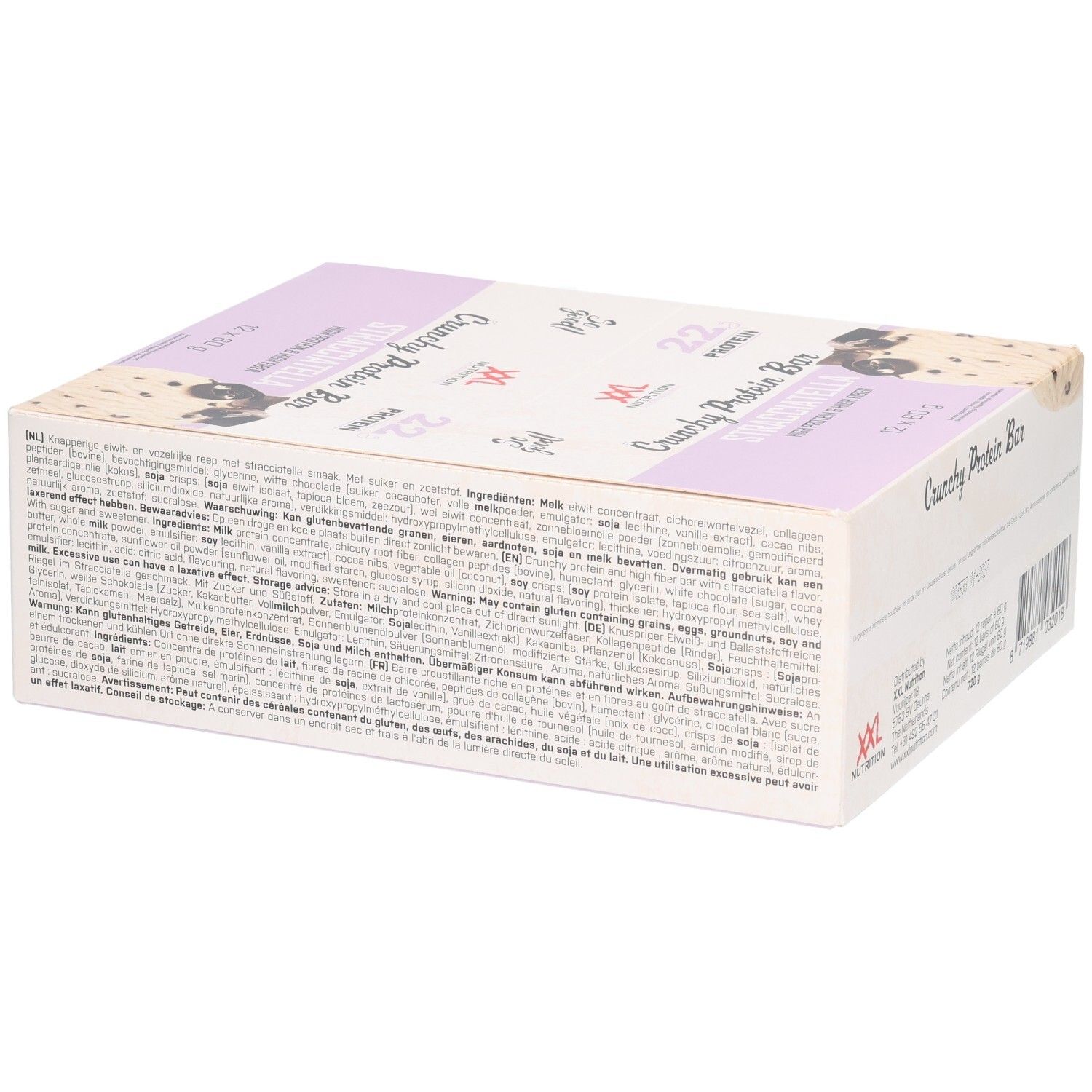 Karton mit Crunchy Protein Bar Stracciatella. XXL Nutrition Logo. Hellrosa und weiß. Text: Crunchy Protein Bar, Stracciatella. Zutatenliste.
