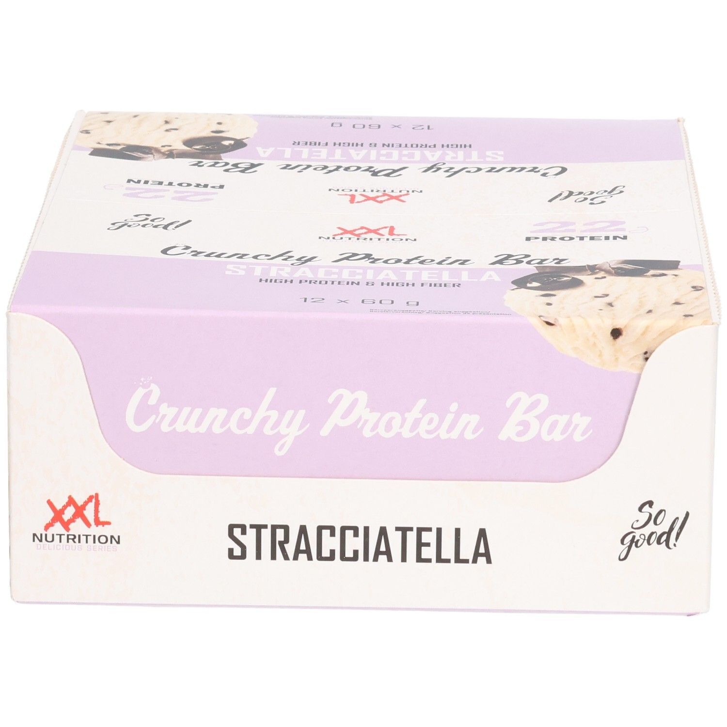 Karton mit Crunchy Protein Bar Stracciatella. XXL Nutrition Logo. Hellrosa und weiß. Text: Crunchy Protein Bar, Stracciatella. 12 Riegel.