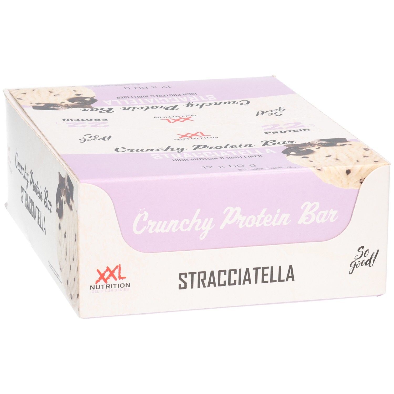 Karton mit Crunchy Protein Bar Stracciatella. XXL Nutrition Logo. Hellrosa und weiß. Text: Crunchy Protein Bar, Stracciatella. 12 Riegel.