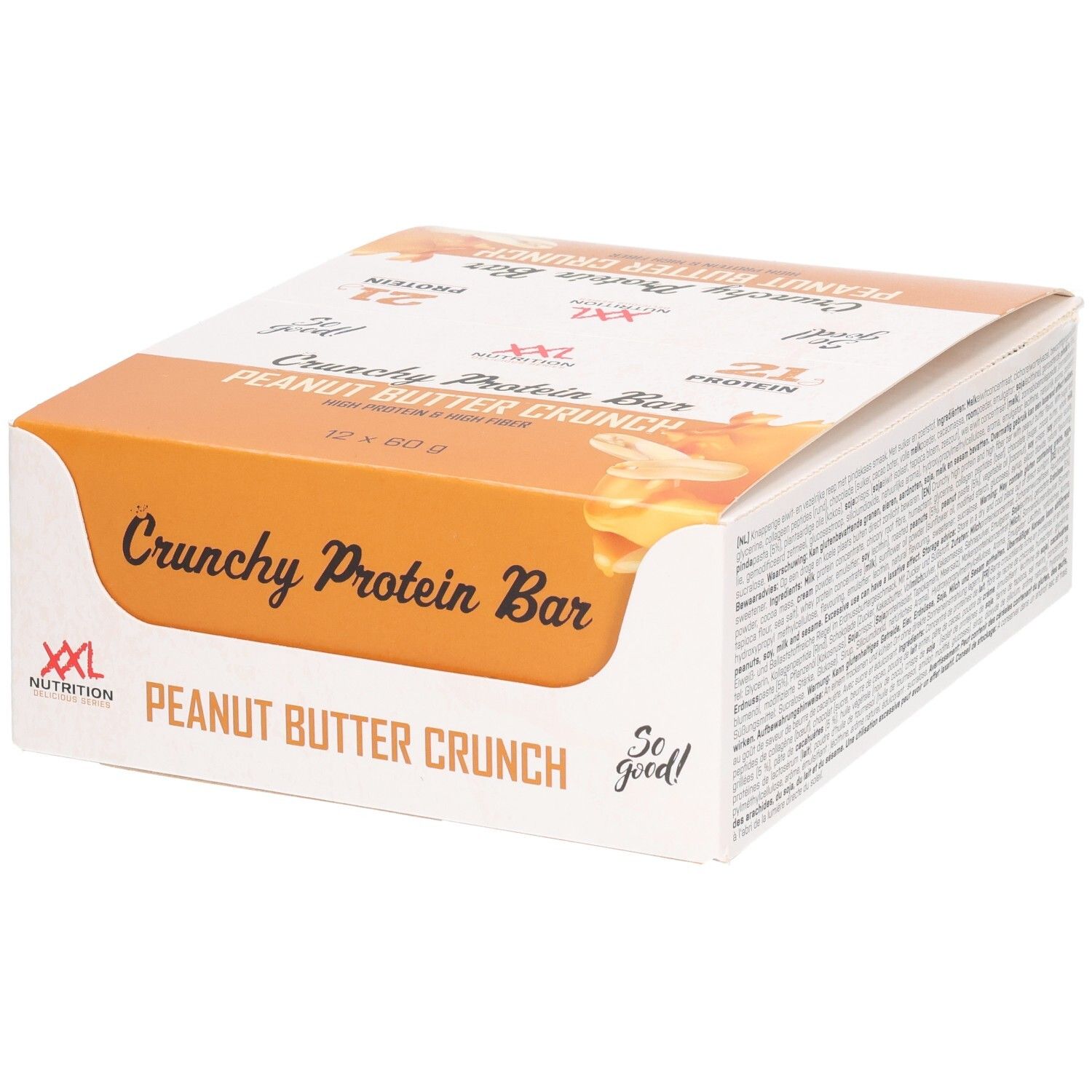Verpackung mit Crunchy Protein Bar, Erdnussbutter-Crunch. Marke XXL Nutrition. 12 Riegel.