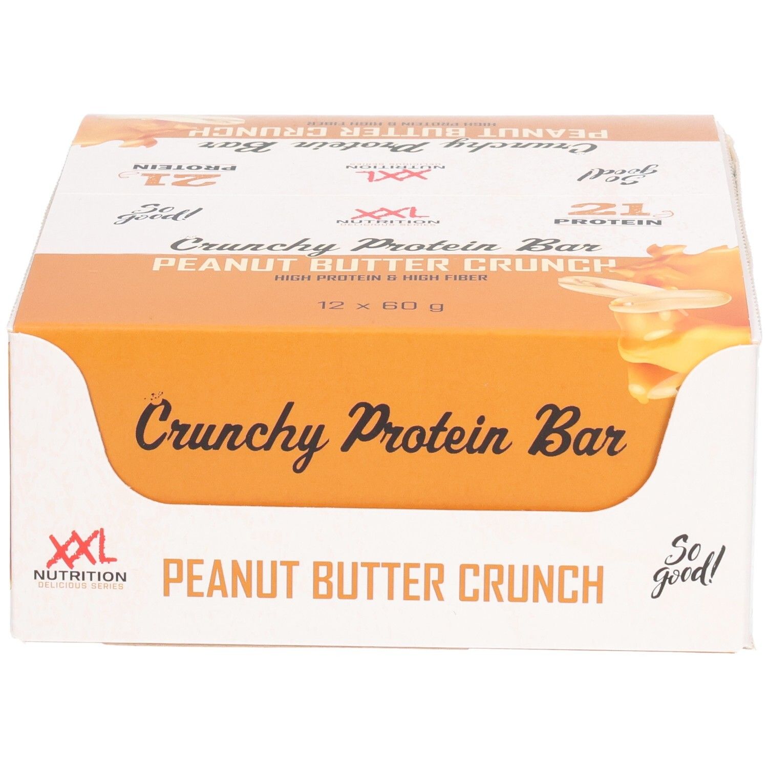 Verpackung mit Crunchy Protein Bar, Erdnussbutter-Crunch. Marke XXL Nutrition. 12 Riegel.
