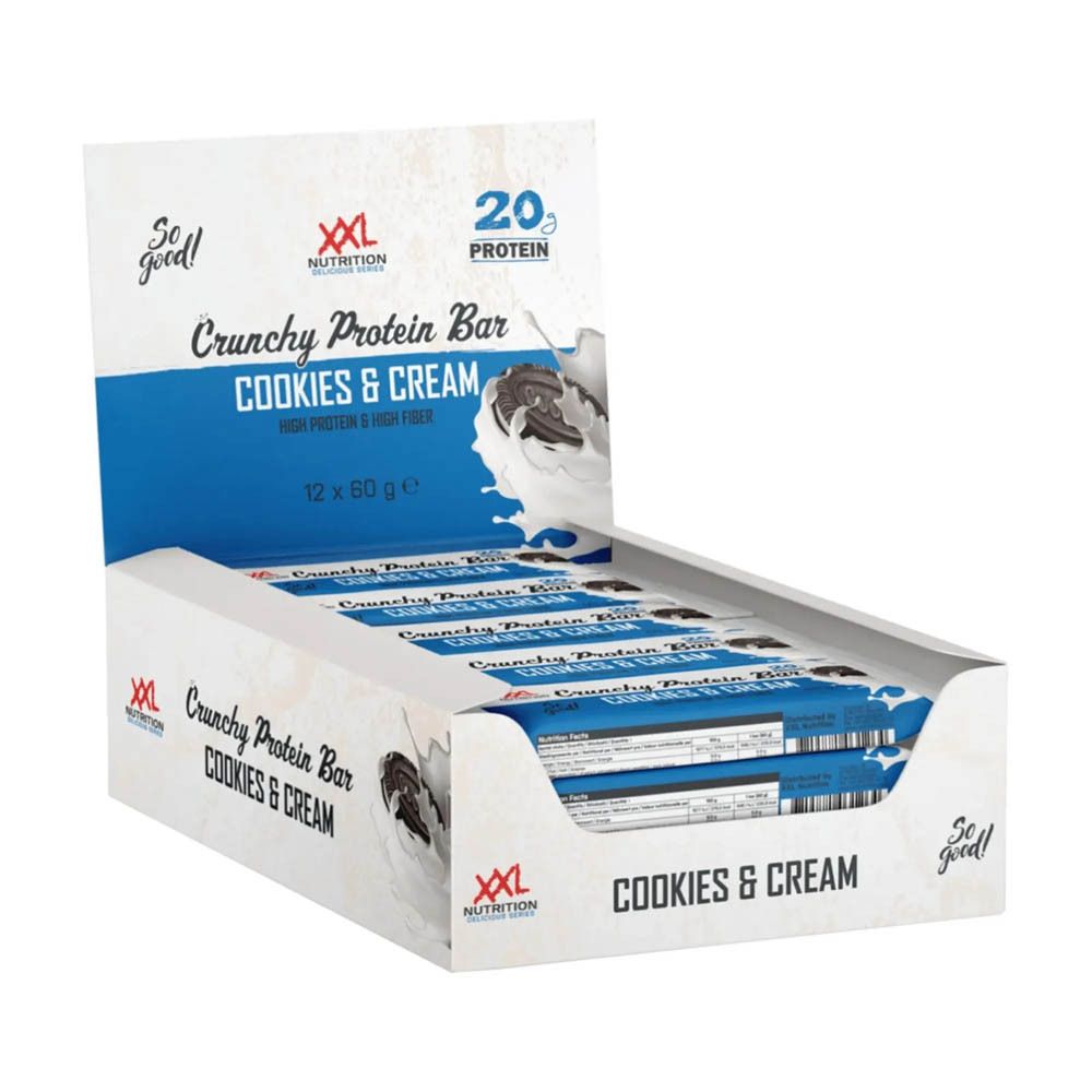 Boîte ouverte de barres protéinées. Cookies & Cream. Logo XXL Nutrition. Emballage bleu et blanc.