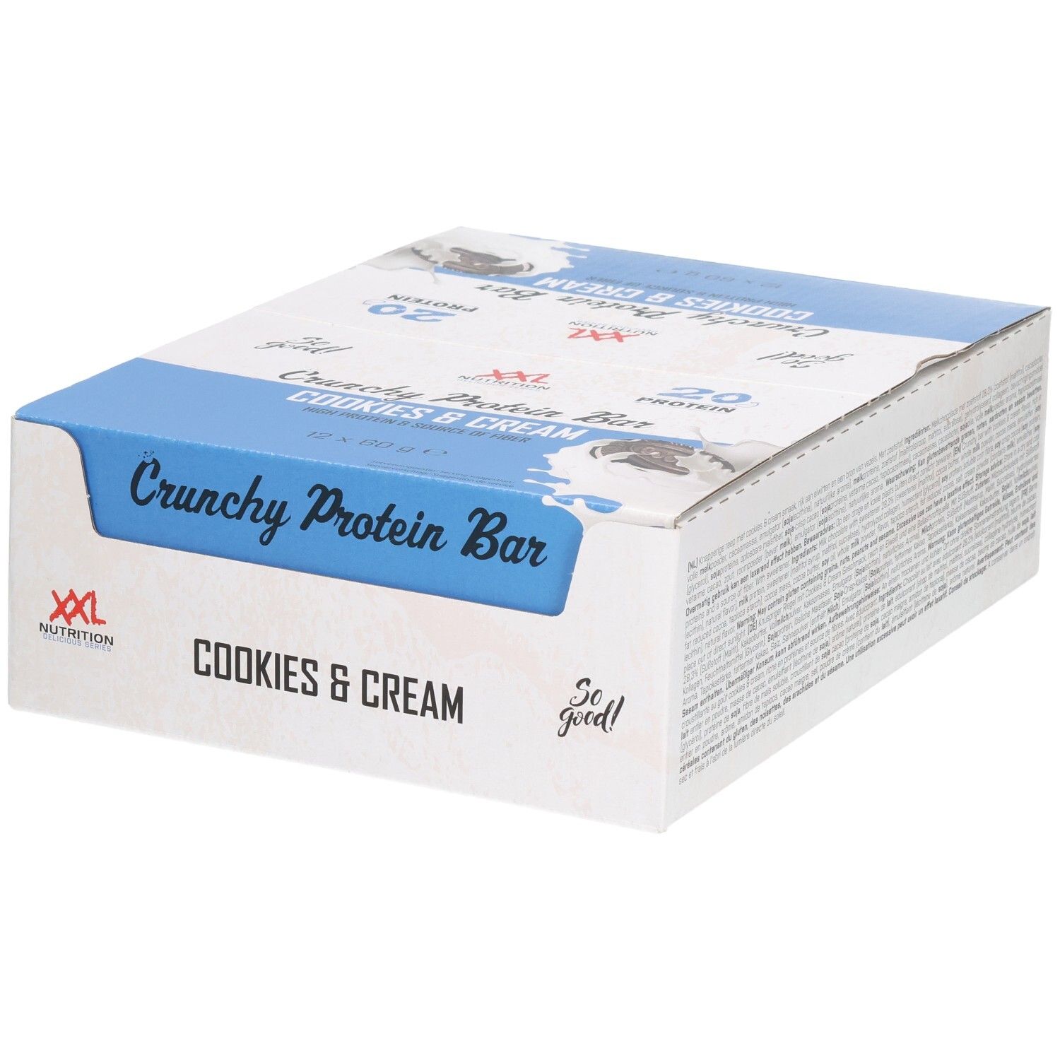 Kartonverpackung mit Crunchy Protein Bar Cookies & Cream. Blaue und weiße Aufmachung. XXL Nutrition Logo.